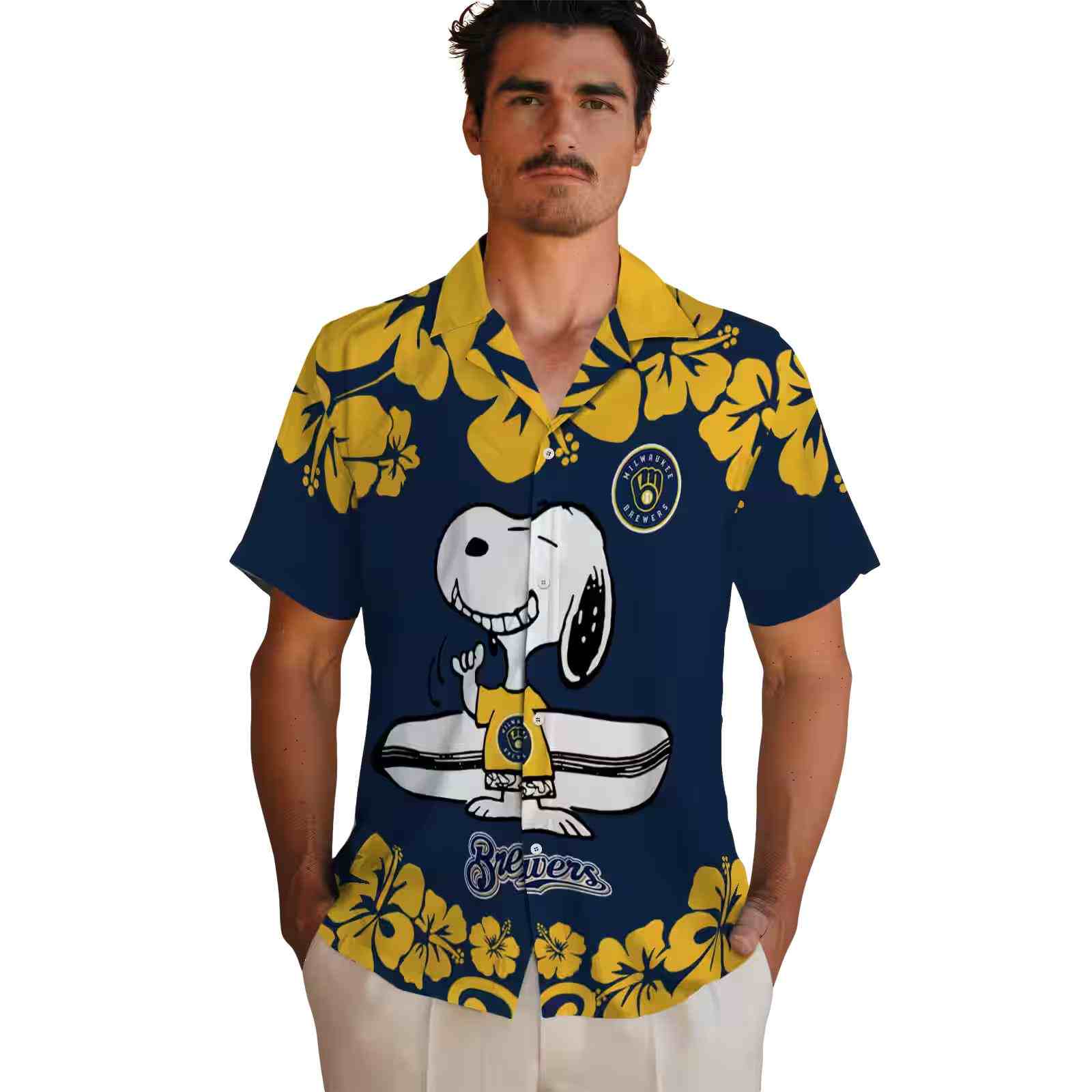 milwaukee brewers snoopy surf navy blue white hawaiian shirt fashion forward