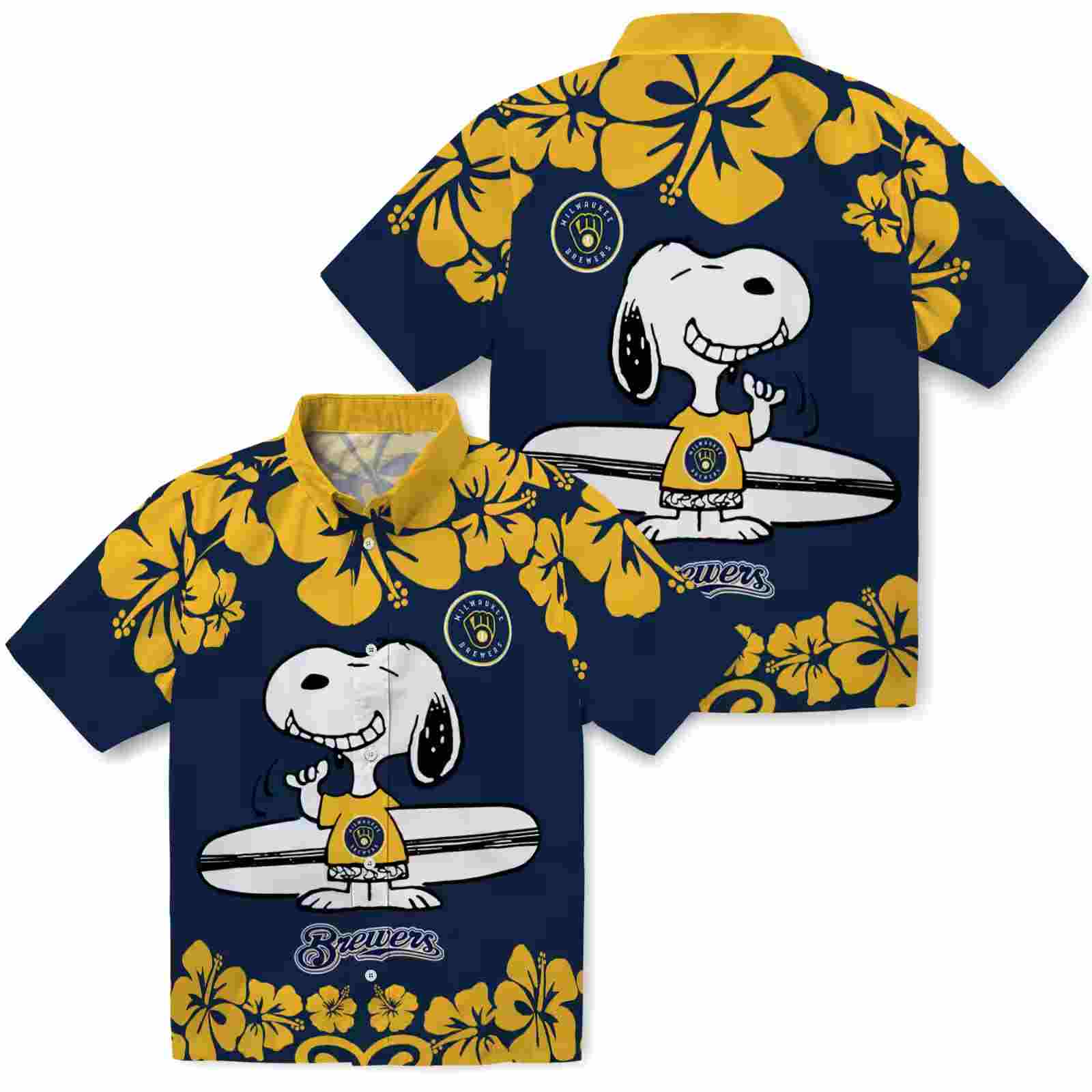 milwaukee brewers snoopy surf navy blue white hawaiian shirt high quality