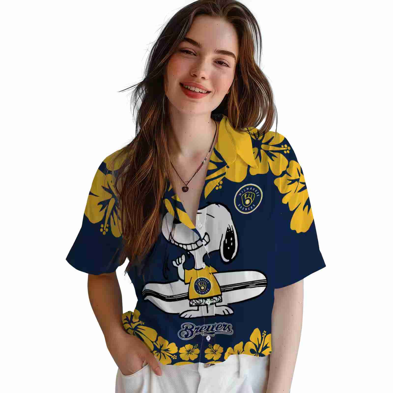 milwaukee brewers snoopy surf navy blue white hawaiian shirt latest model