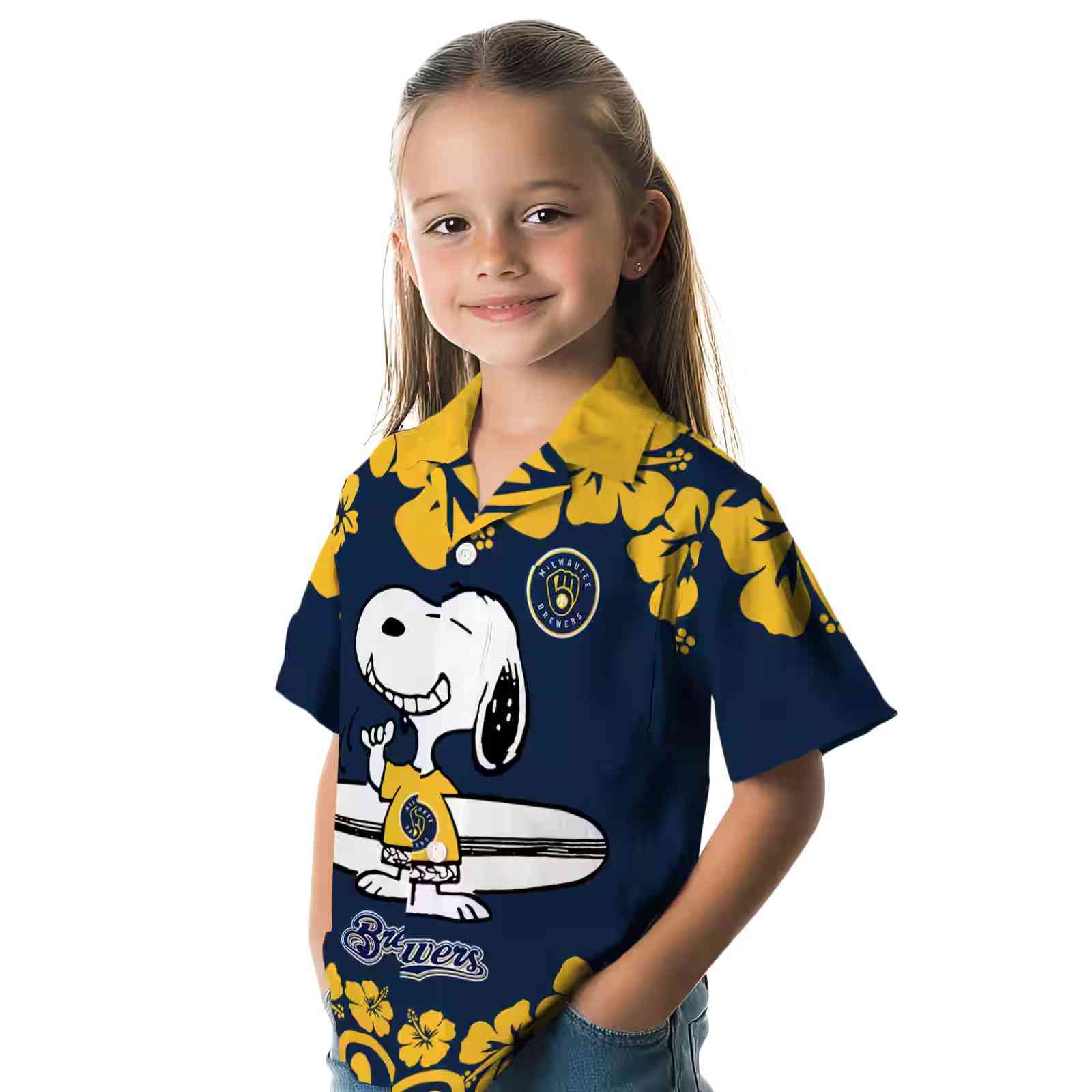 milwaukee brewers snoopy surf navy blue white hawaiian shirt premium grade