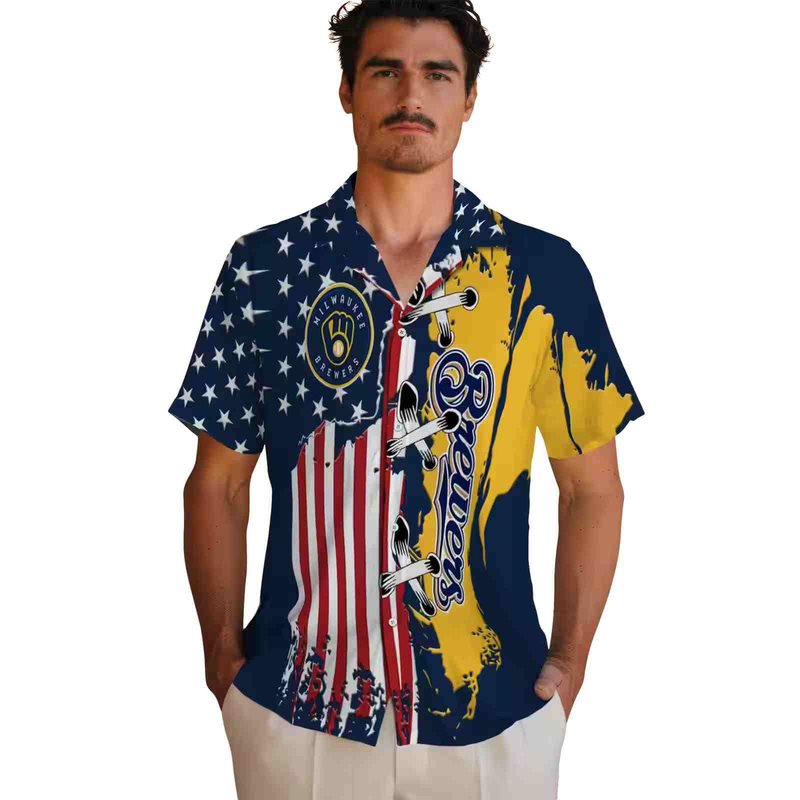 milwaukee brewers stitched flag navy blue hawaiian shirt fashion forward