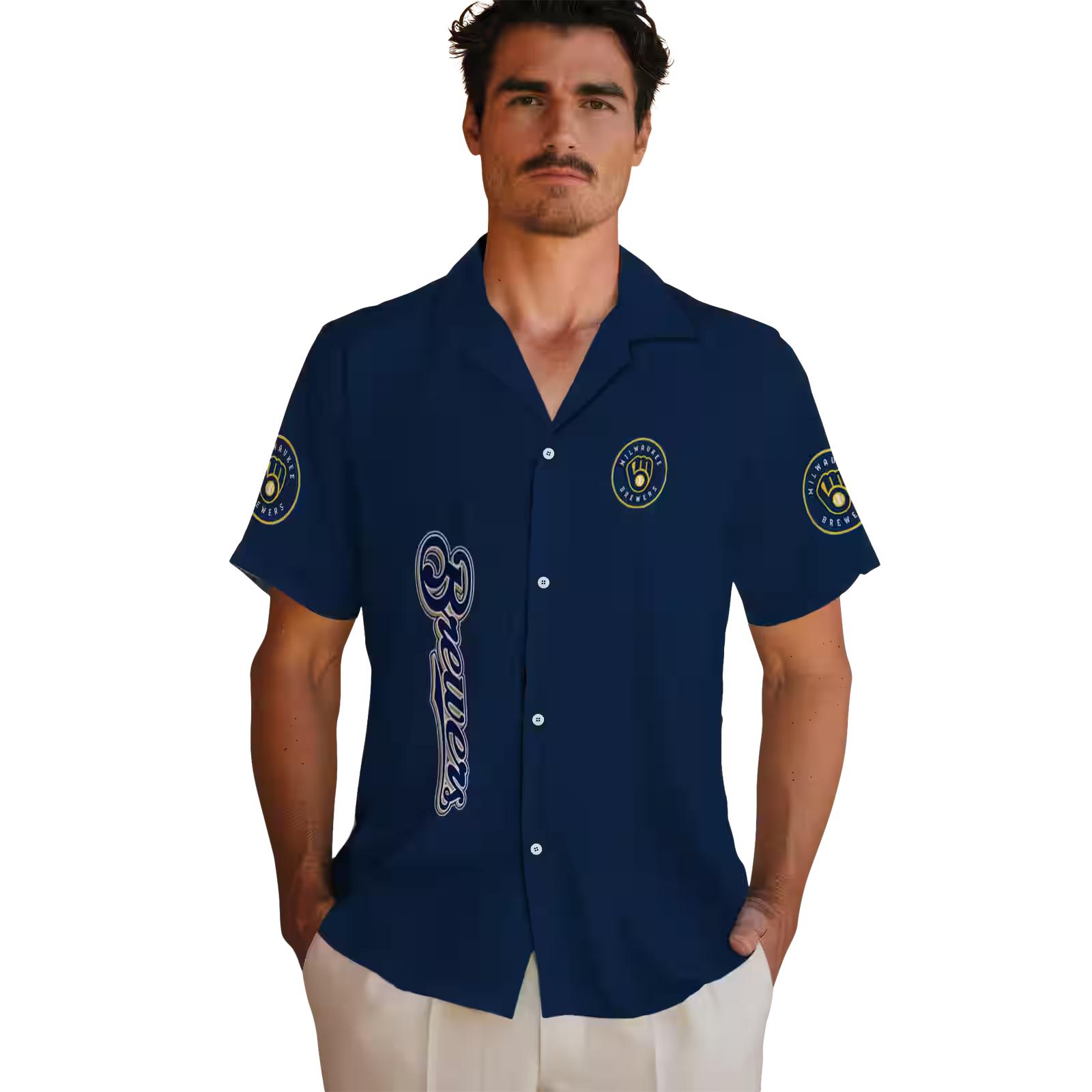 milwaukee brewers stuart minion navy blue hawaiian shirt fashion forward