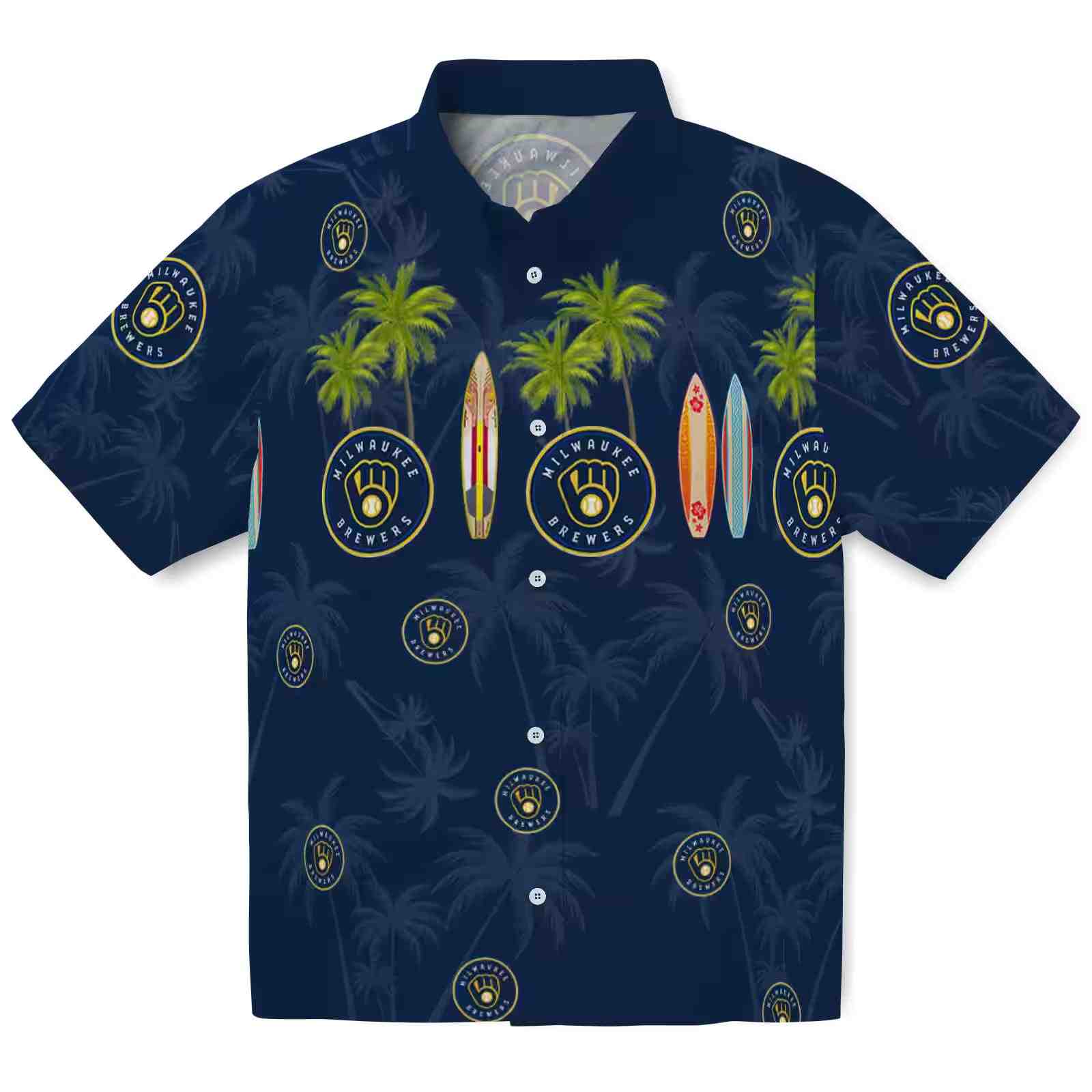 Milwaukee Brewers Surfboard Palm Navy Blue Hawaiian Shirt