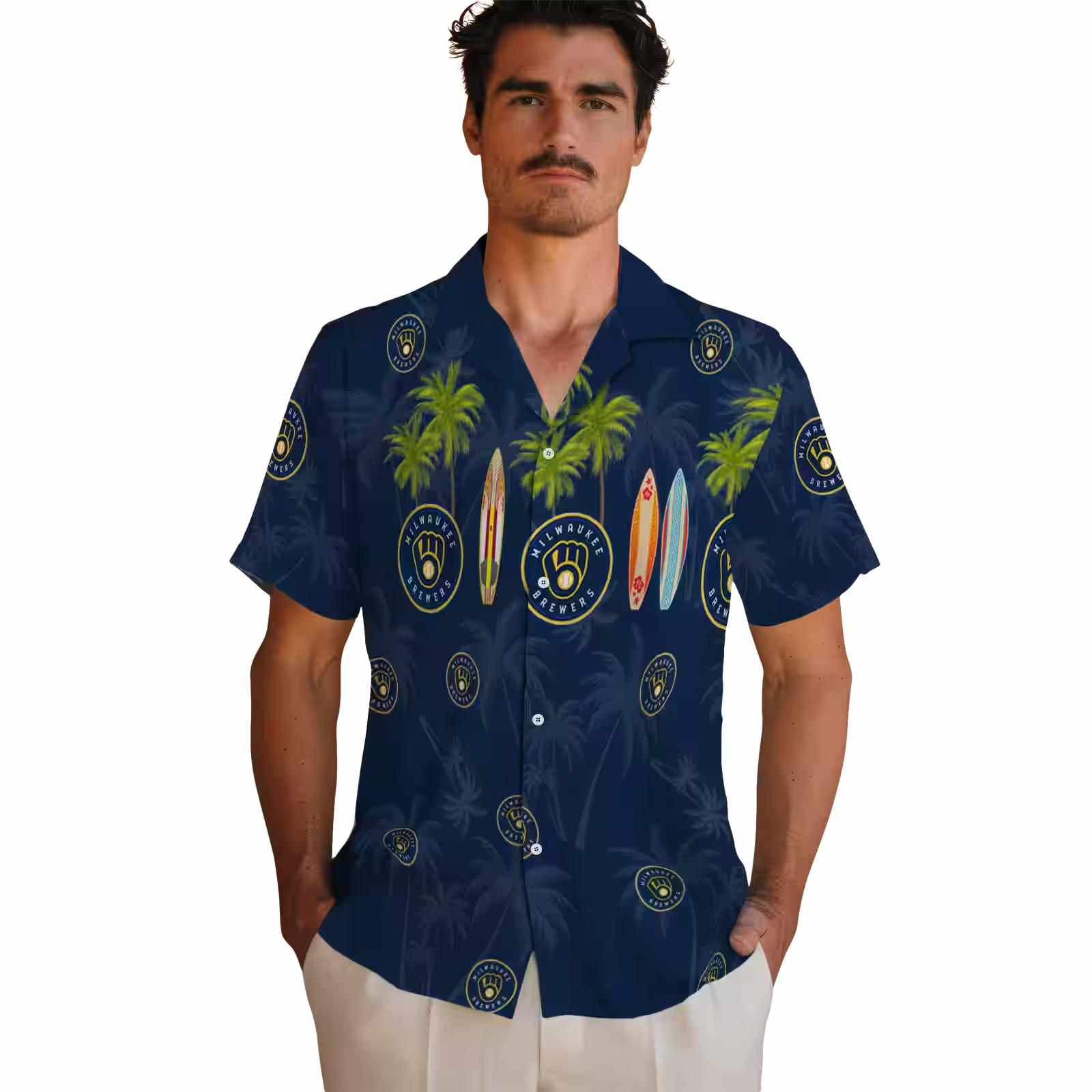 milwaukee brewers surfboard palm navy blue hawaiian shirt fashion forward