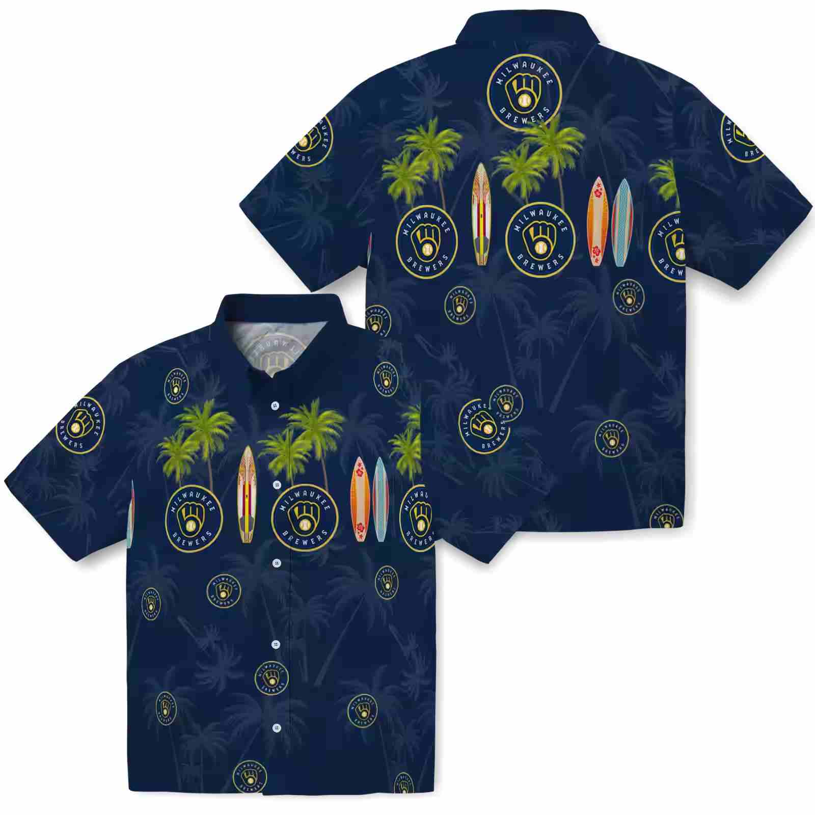 milwaukee brewers surfboard palm navy blue hawaiian shirt high quality