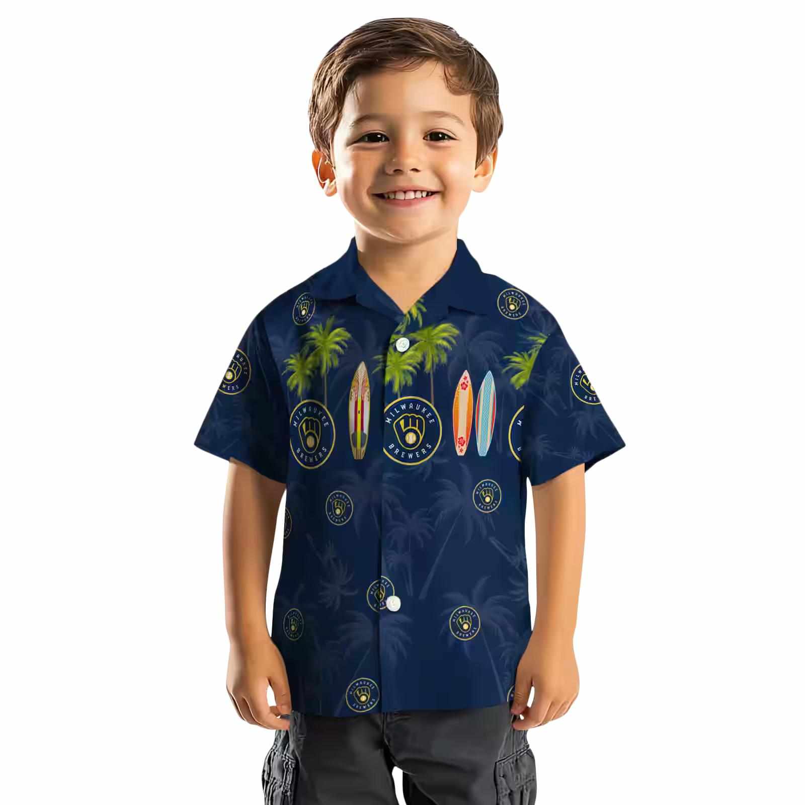 milwaukee brewers surfboard palm navy blue hawaiian shirt top rated