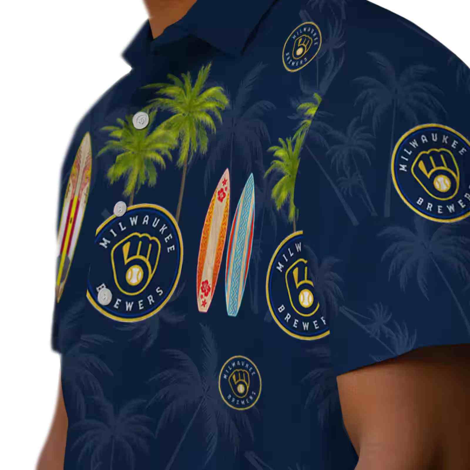 milwaukee brewers surfboard palm navy blue hawaiian shirt trendy