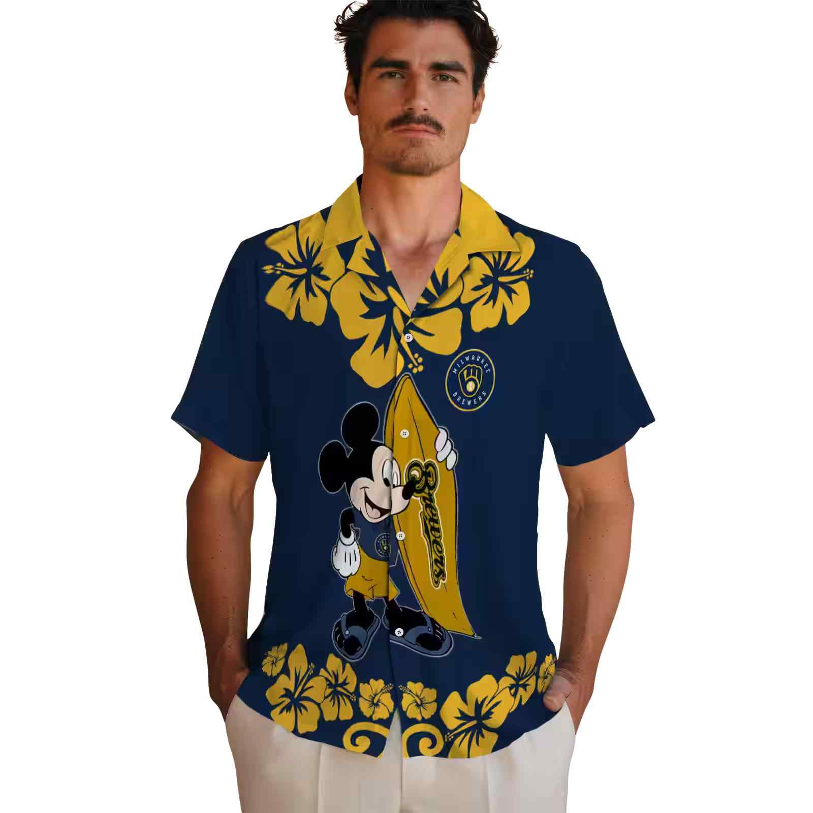 milwaukee brewers surfing mickey navy blue hawaiian shirt fashion forward