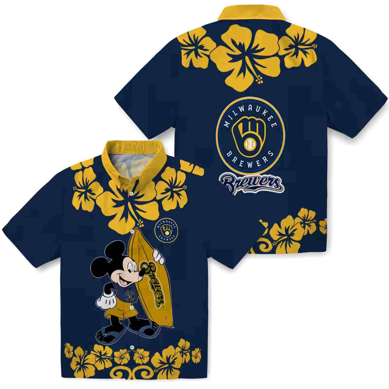 milwaukee brewers surfing mickey navy blue hawaiian shirt high quality