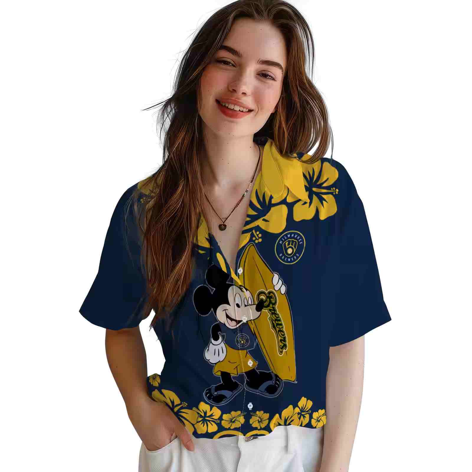 milwaukee brewers surfing mickey navy blue hawaiian shirt latest model