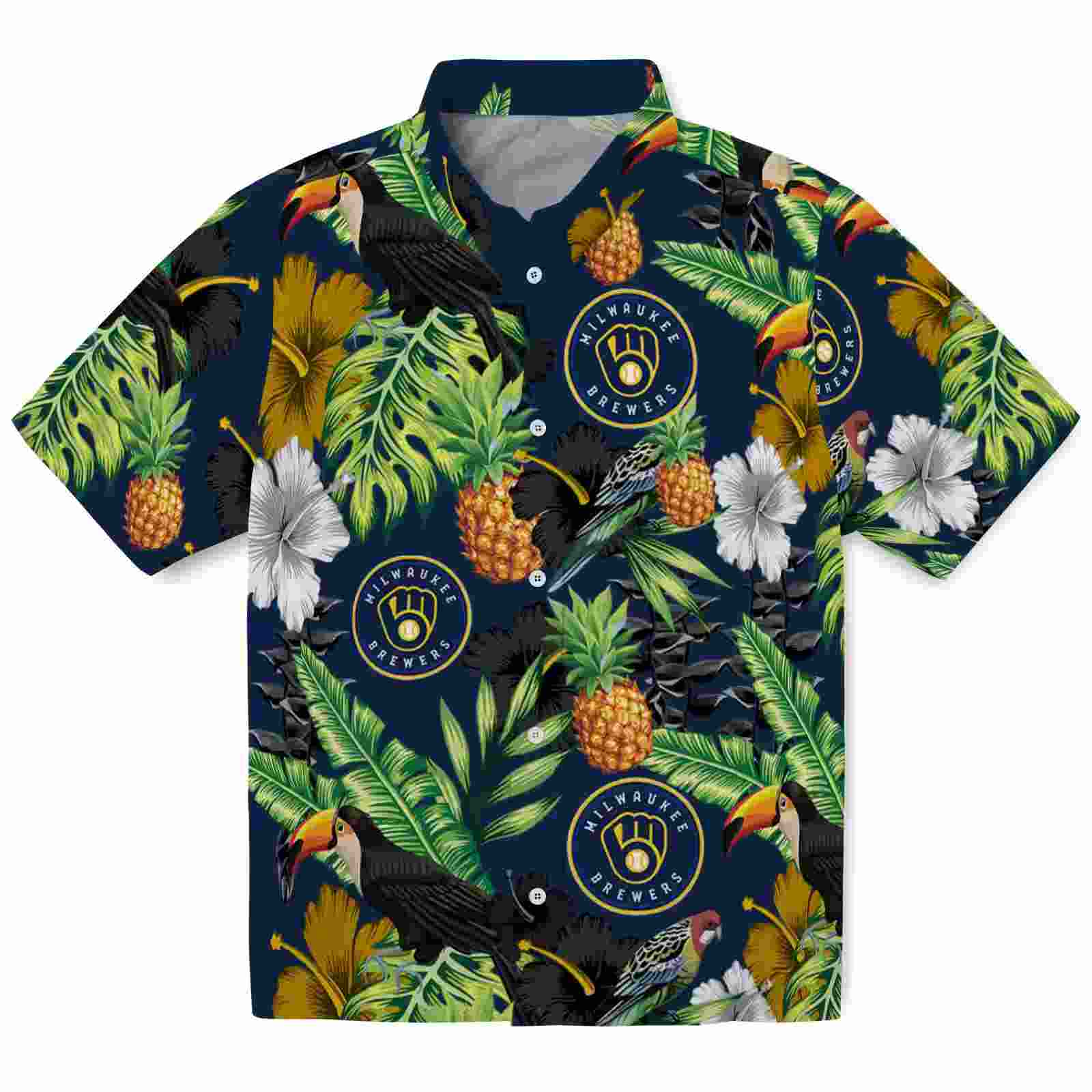 Milwaukee Brewers Toucan Hibiscus Pineapple Navy Blue Green Hawaiian Shirt