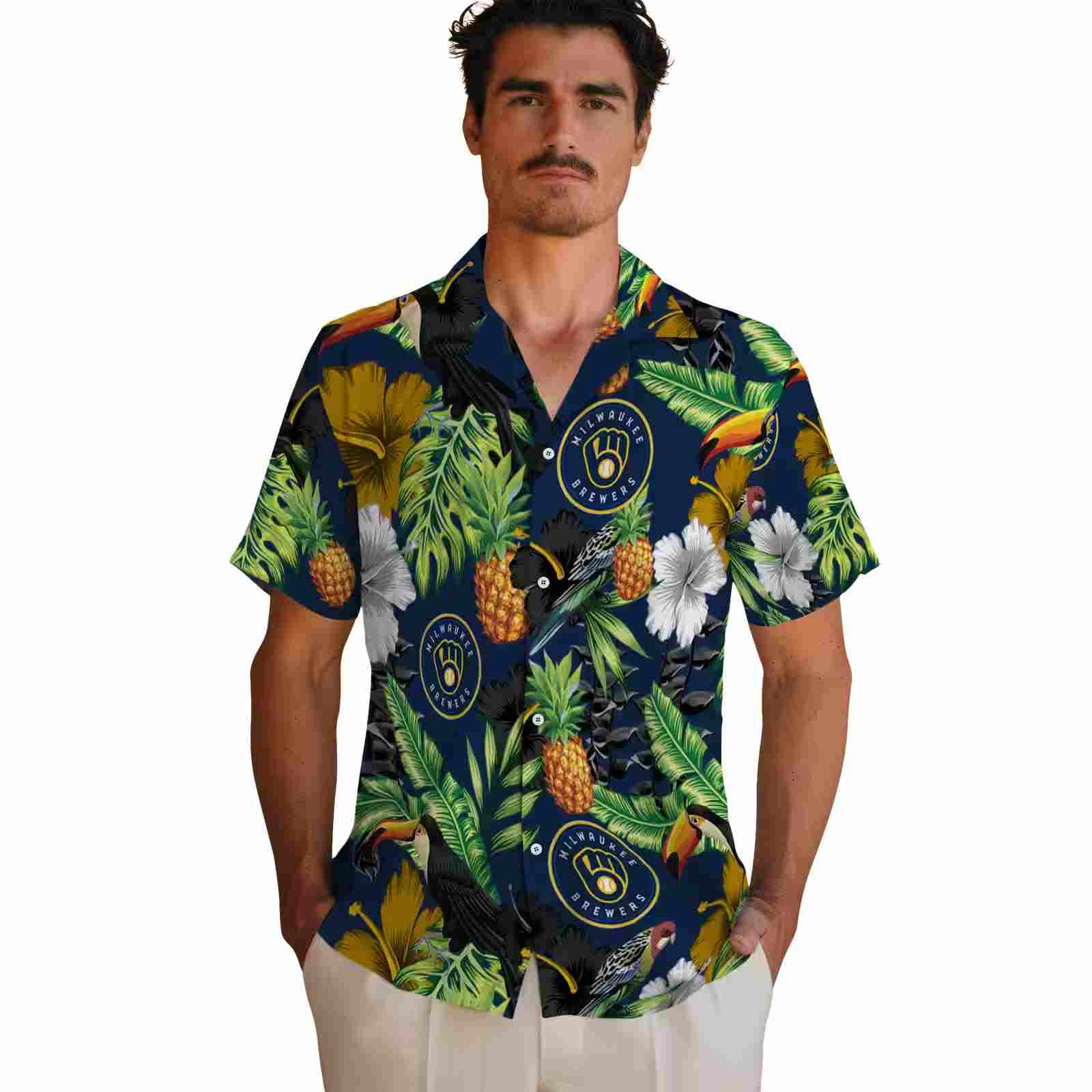 milwaukee brewers toucan hibiscus pineapple navy blue green hawaiian shirt fashion forward