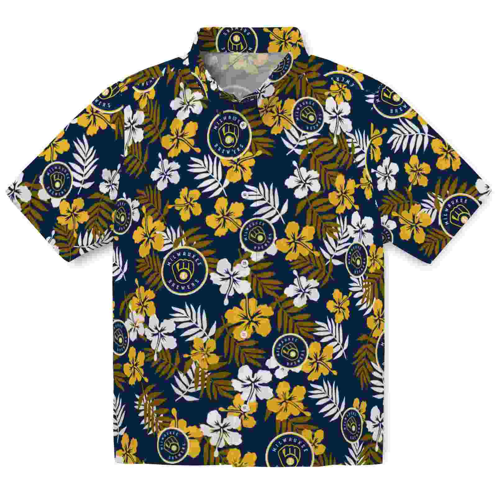 Milwaukee Brewers Tropical Floral Navy Blue Hawaiian Shirt