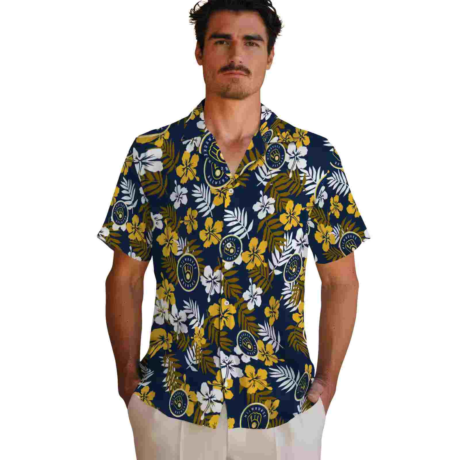 milwaukee brewers tropical floral navy blue hawaiian shirt fashion forward