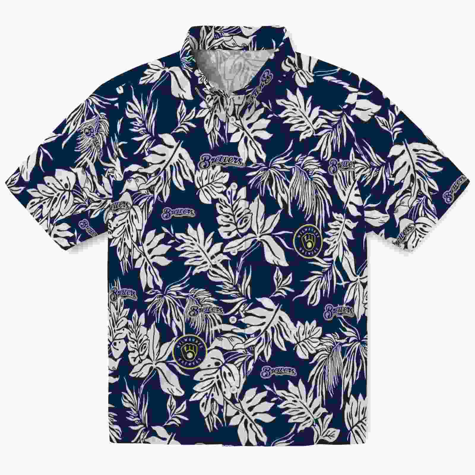 Milwaukee Brewers Tropical Leaf Navy Blue White Hawaiian Shirt