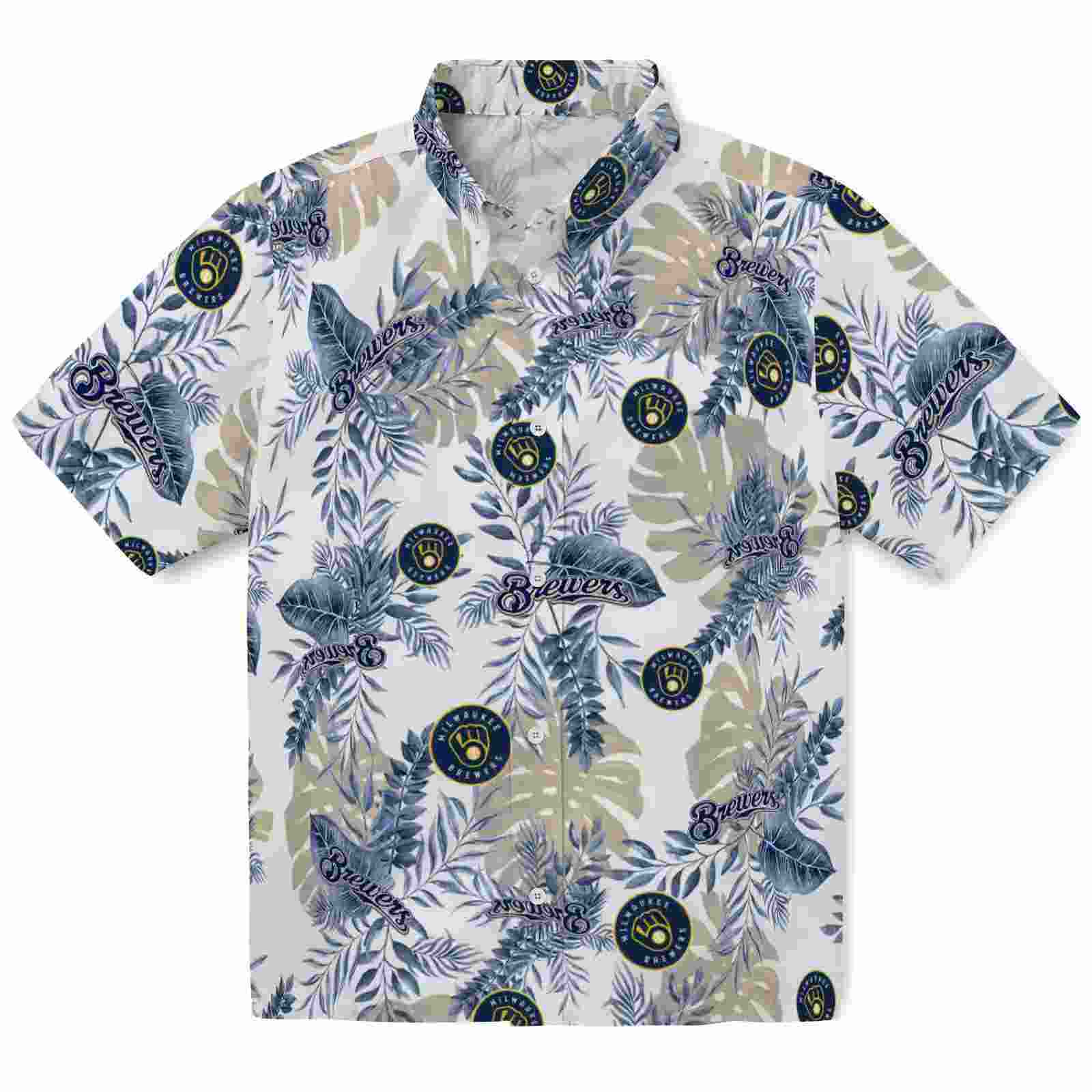 Milwaukee Brewers Tropical Leaves White Hawaiian Shirt