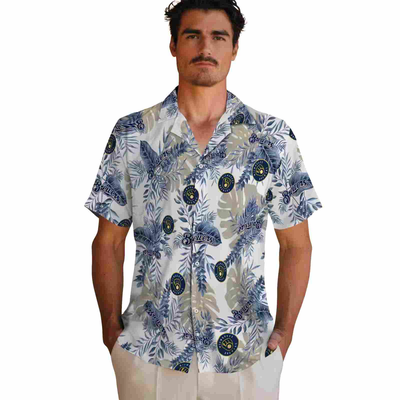 milwaukee brewers tropical leaves white hawaiian shirt fashion forward