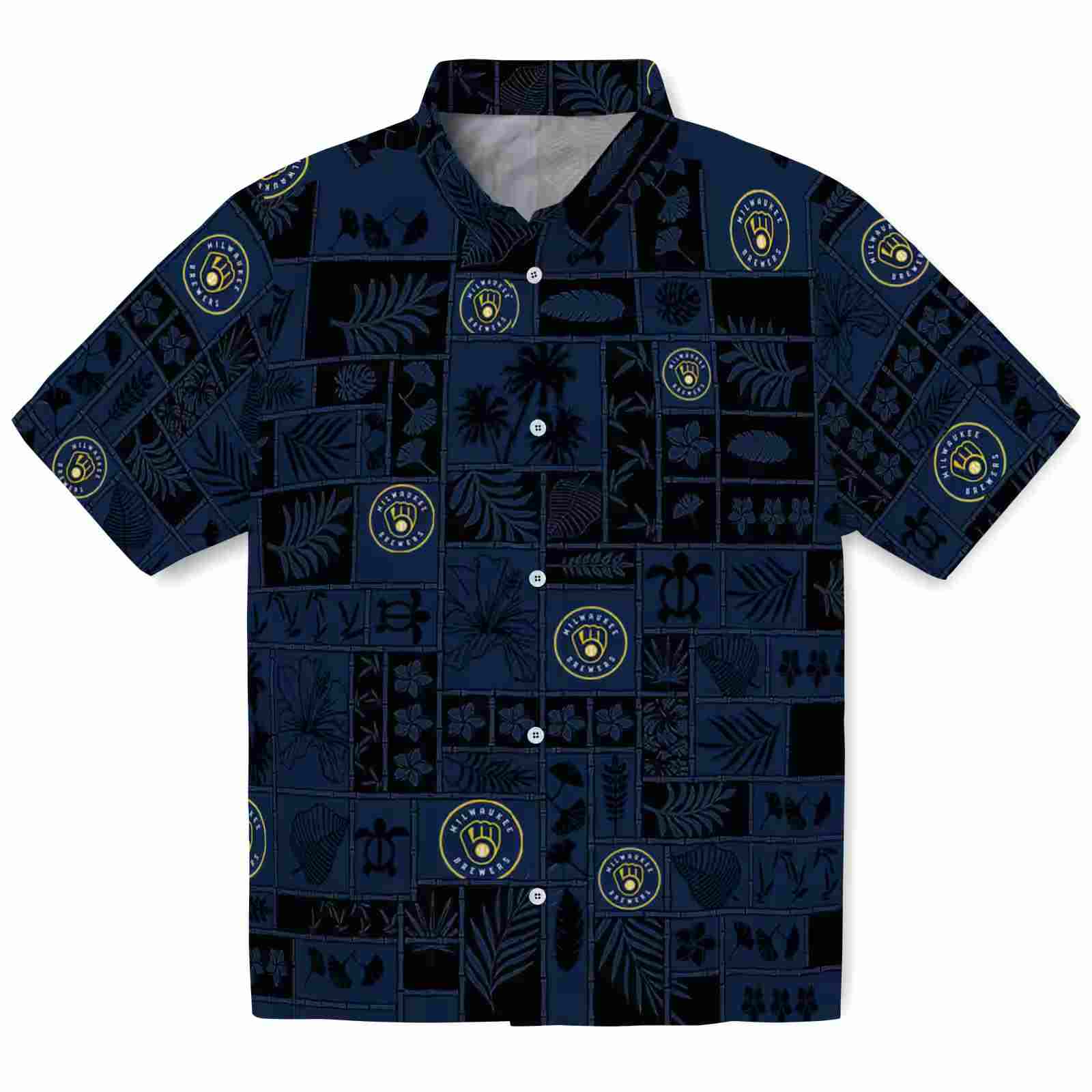 Milwaukee Brewers Tropical Patchwork Navy Blue Black Hawaiian Shirt