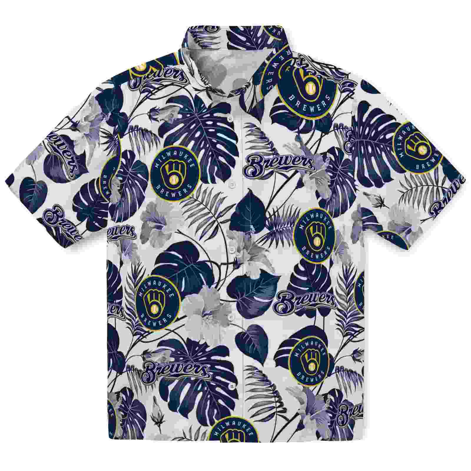 Milwaukee Brewers Tropical Plants Navy Blue White Hawaiian Shirt