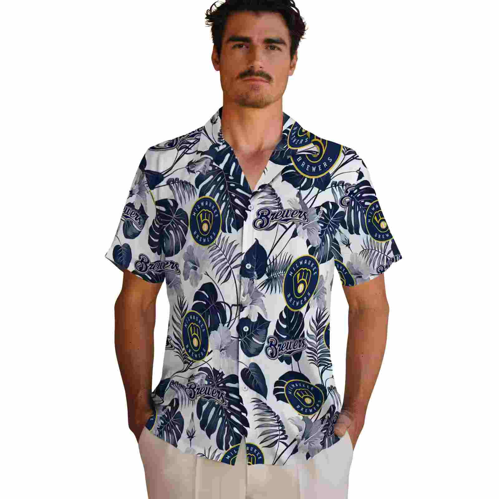 milwaukee brewers tropical plants navy blue white hawaiian shirt fashion forward