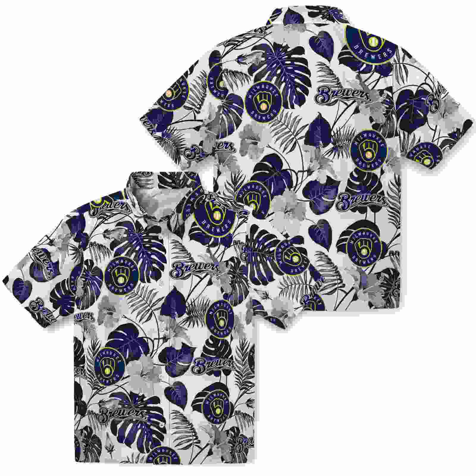 milwaukee brewers tropical plants navy blue white hawaiian shirt high quality