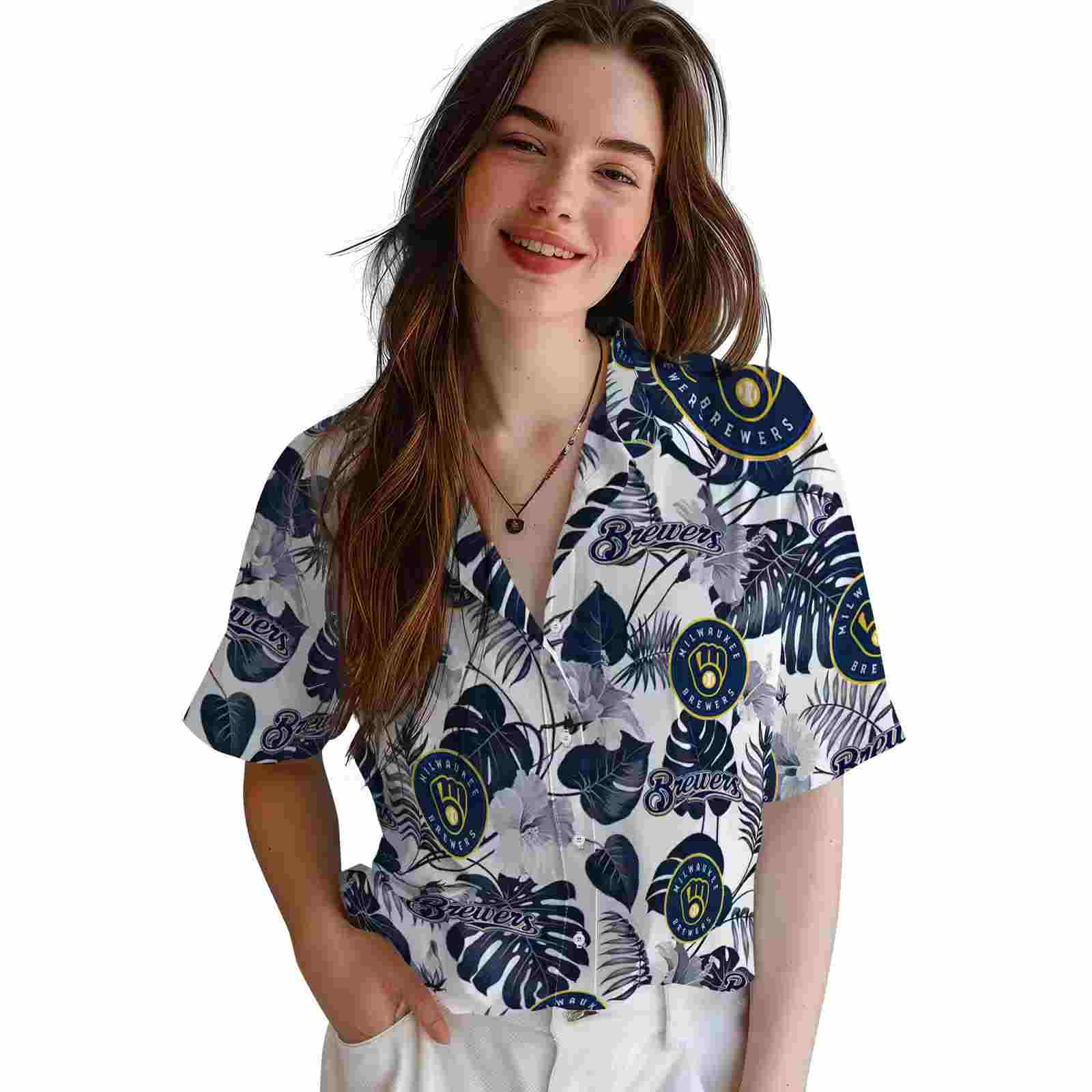 milwaukee brewers tropical plants navy blue white hawaiian shirt latest model