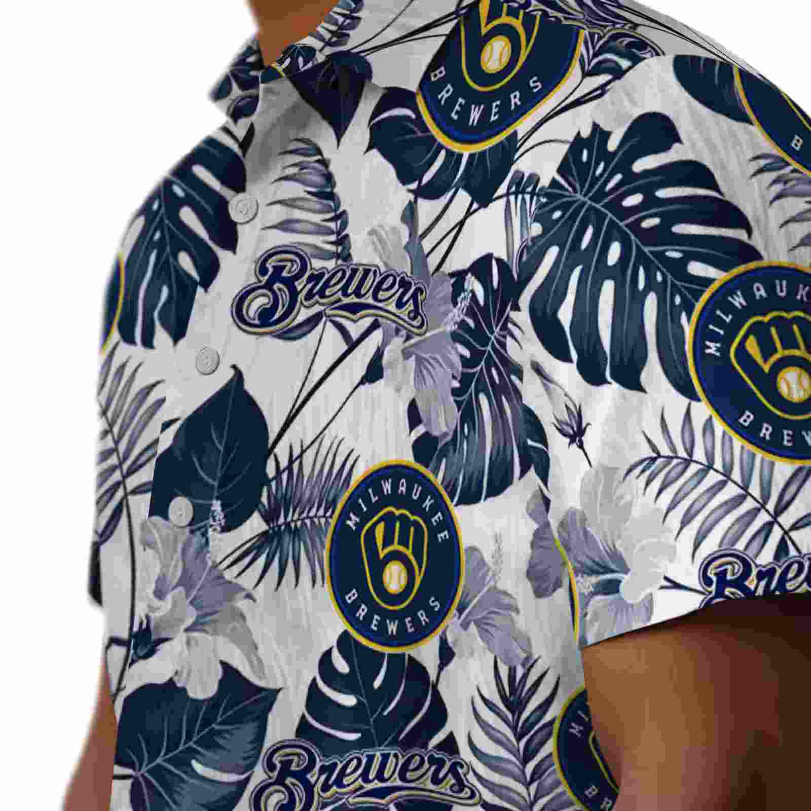 milwaukee brewers tropical plants navy blue white hawaiian shirt trendy