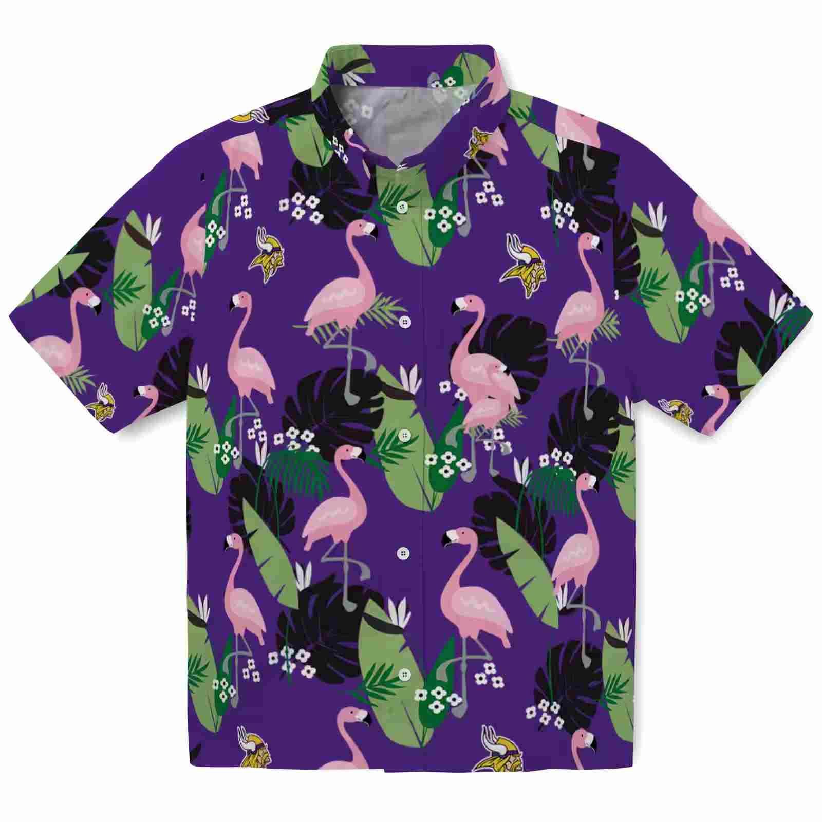 Minnesota Vikings Flamingo Leaf Motif Purple Hawaiian Shirt