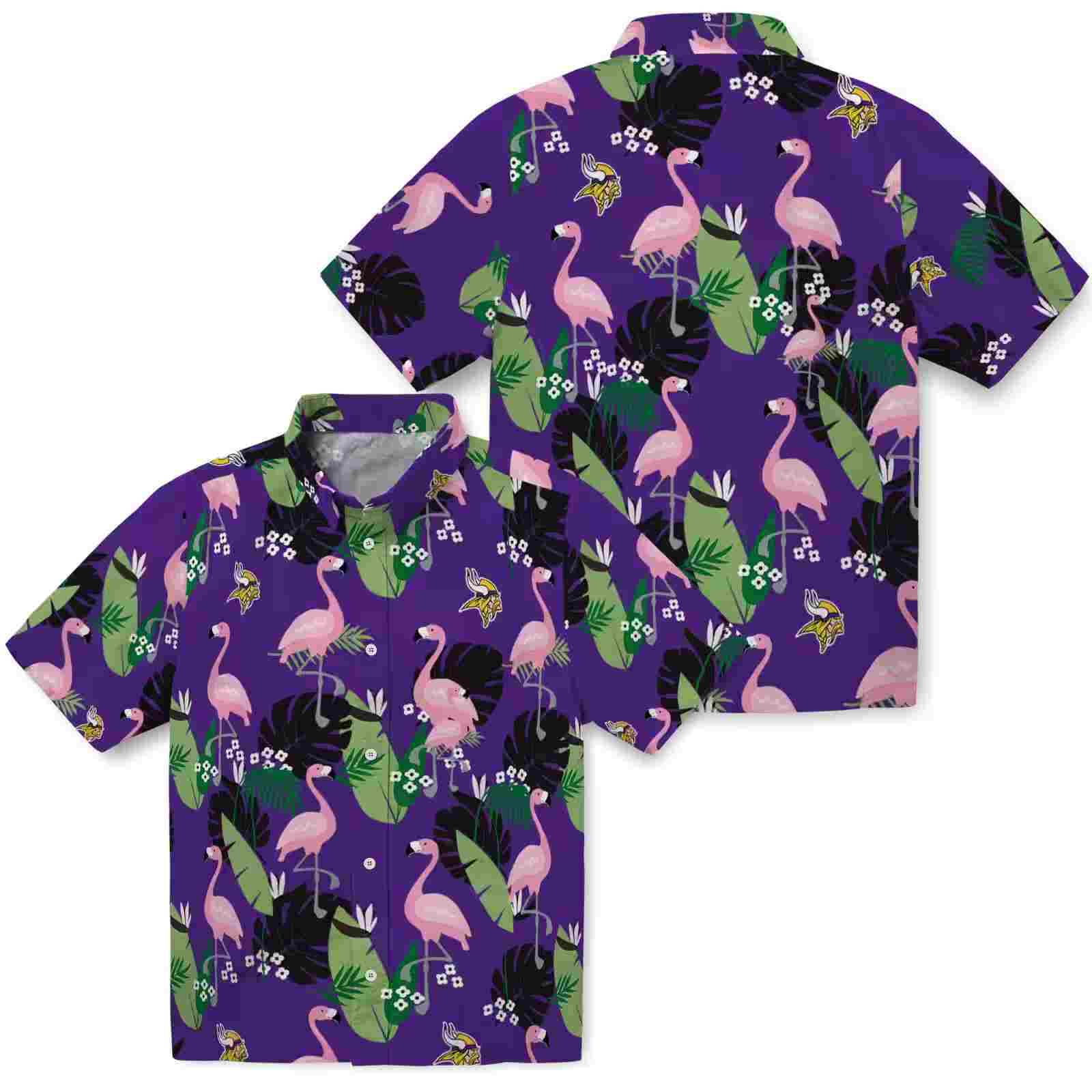 minnesota vikings flamingo leaf motif purple hawaiian shirt high quality