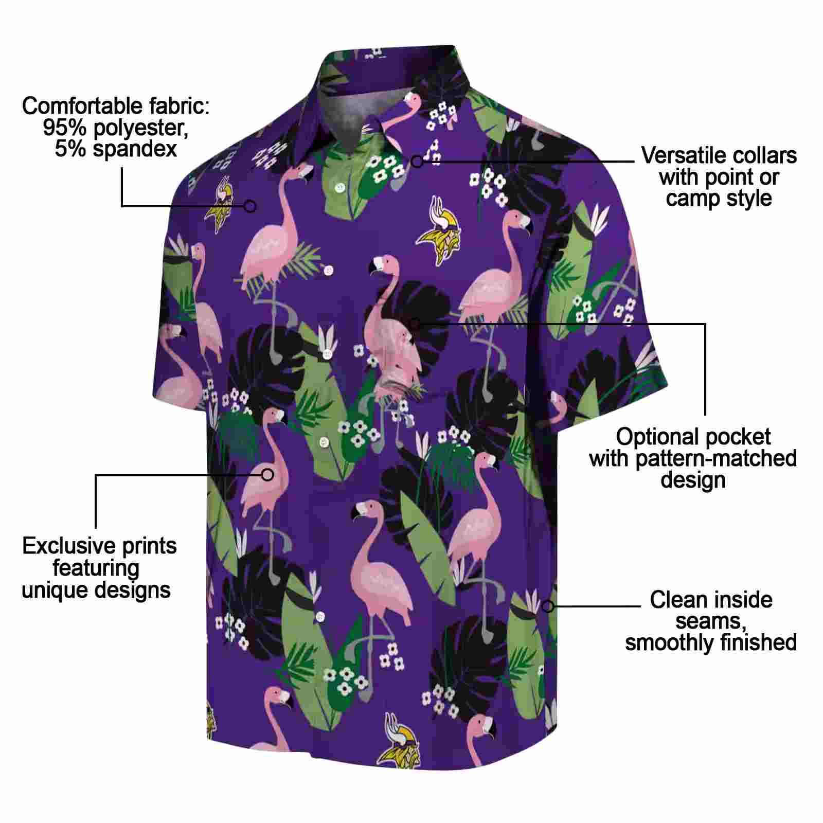 minnesota vikings flamingo leaf motif purple hawaiian shirt new arrival