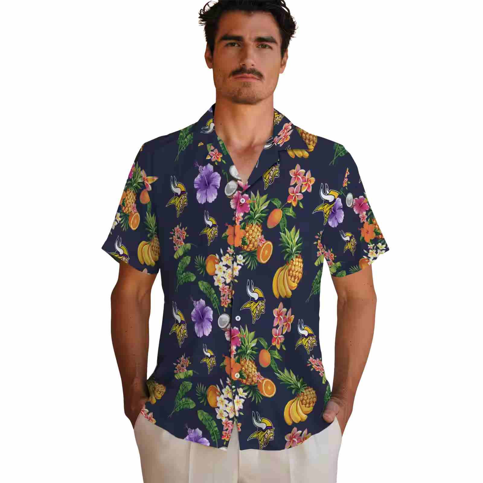 minnesota vikings hibiscus and fruit navy blue hawaiian shirt fashion forward