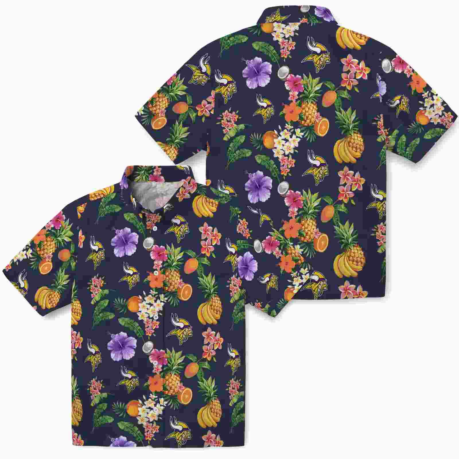 minnesota vikings hibiscus and fruit navy blue hawaiian shirt high quality