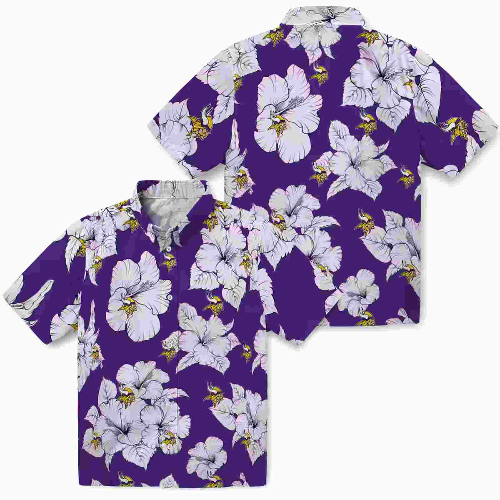 minnesota vikings hibiscus blooms purple white hawaiian shirt high quality