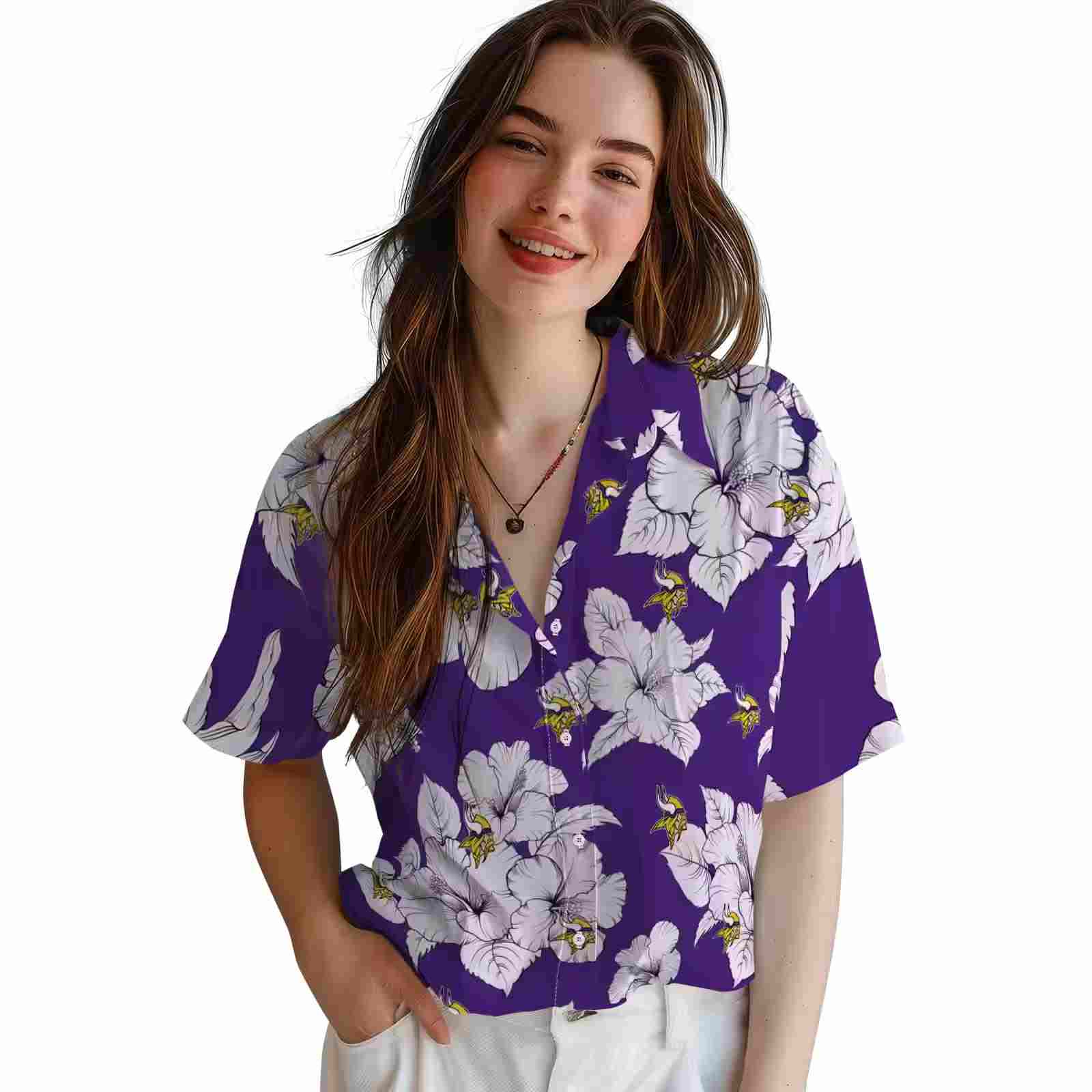 minnesota vikings hibiscus blooms purple white hawaiian shirt latest model