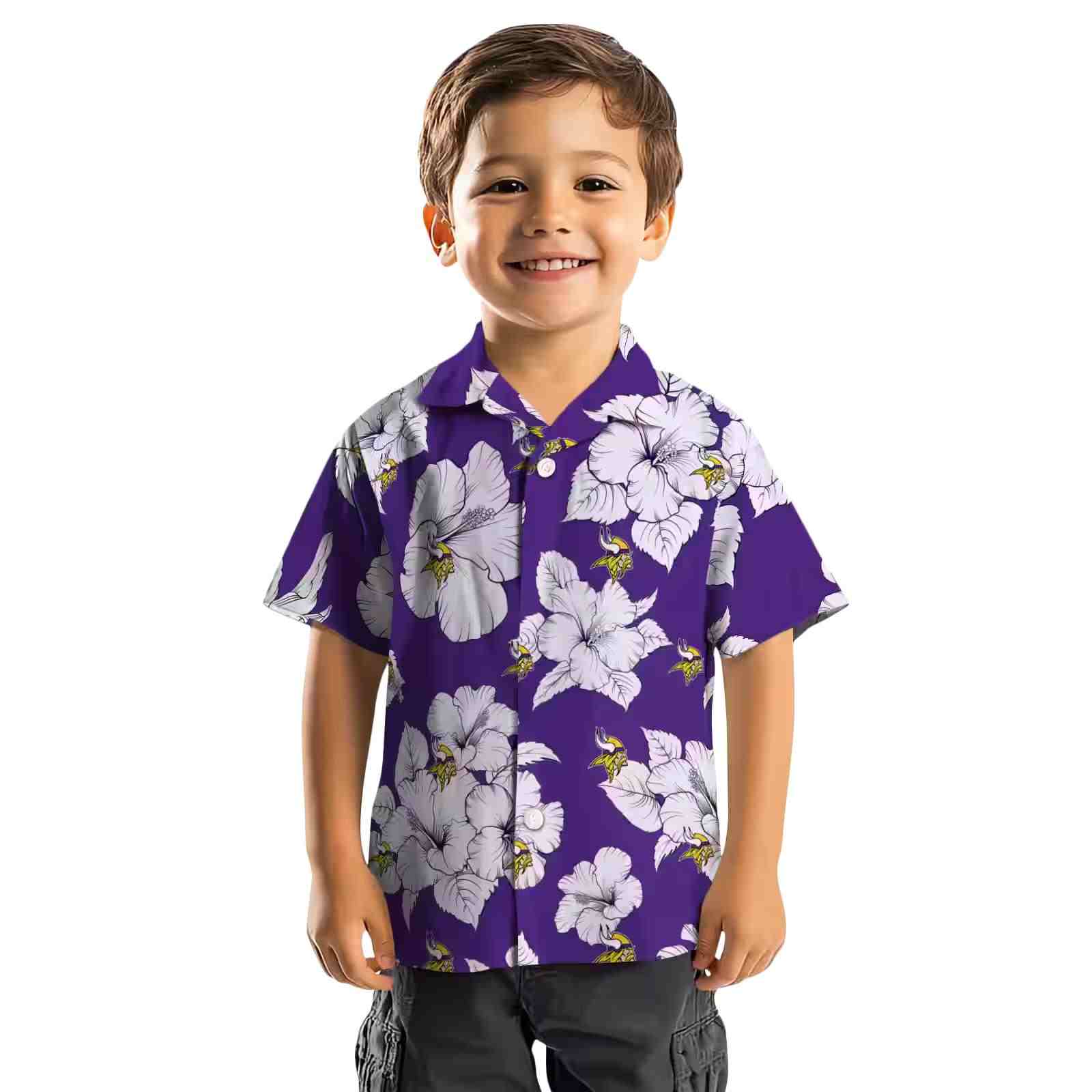 minnesota vikings hibiscus blooms purple white hawaiian shirt top rated