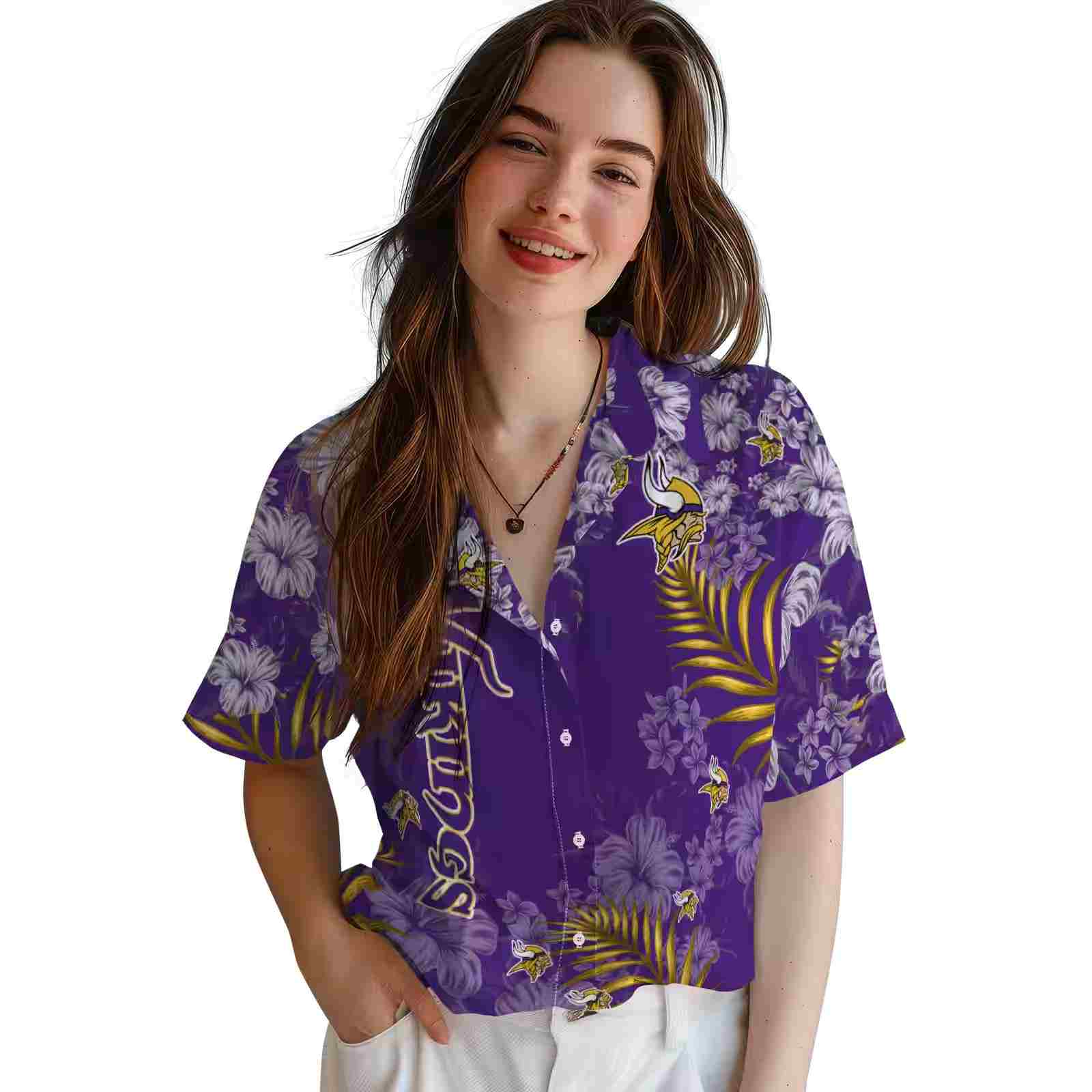 minnesota vikings hibiscus print purple hawaiian shirt latest model