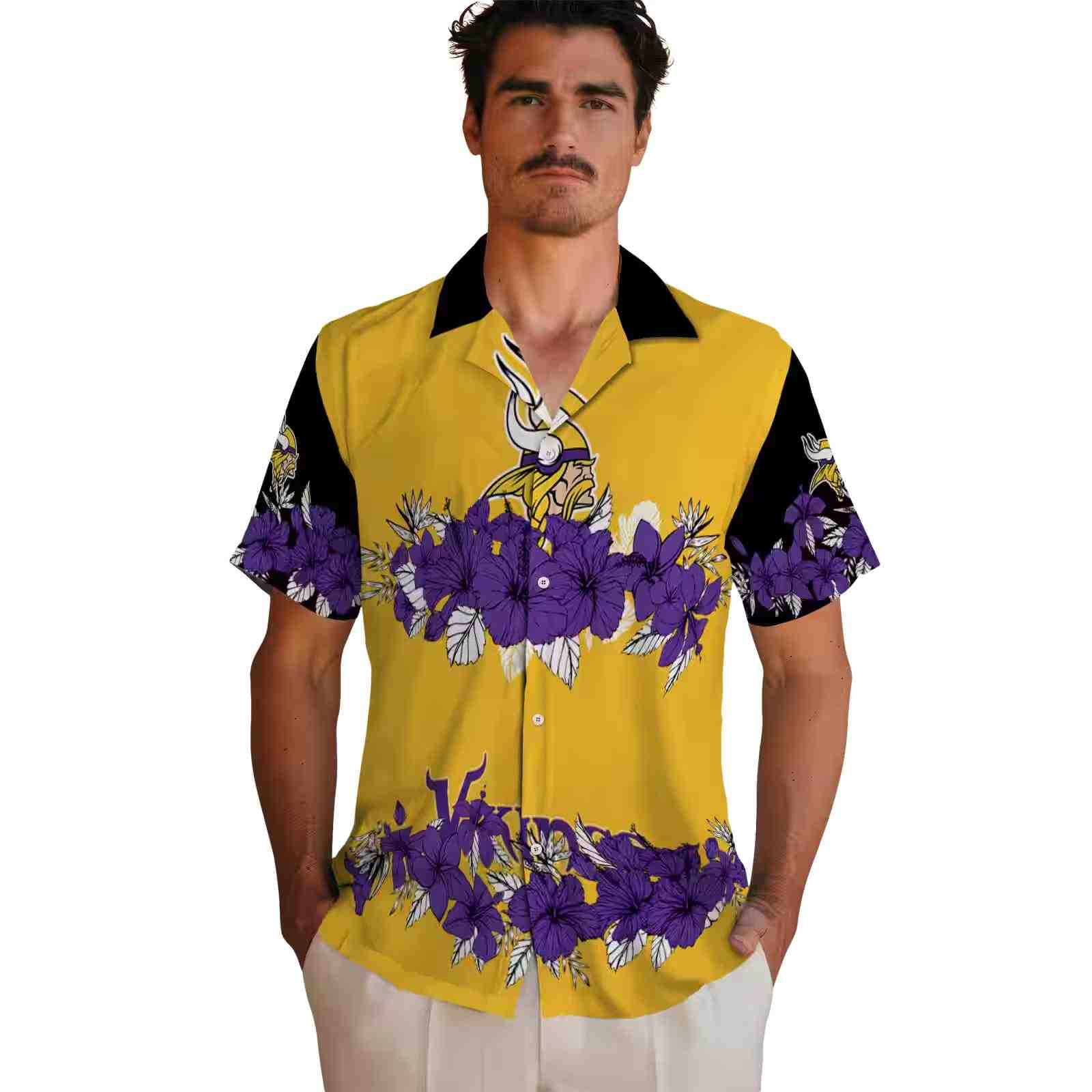 minnesota vikings hibiscus stripe purple black hawaiian shirt fashion forward