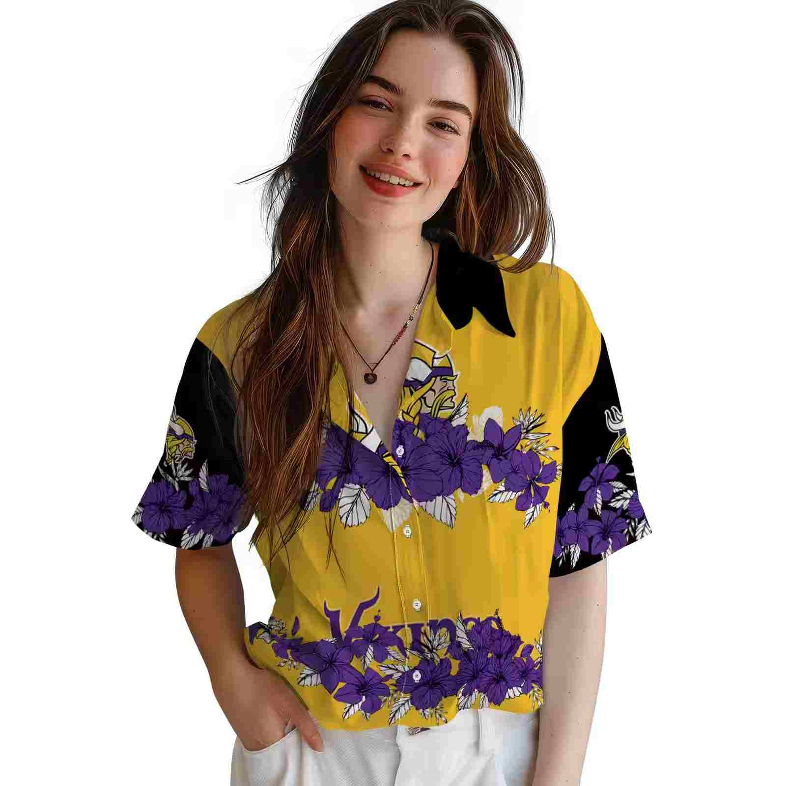 minnesota vikings hibiscus stripe purple black hawaiian shirt latest model