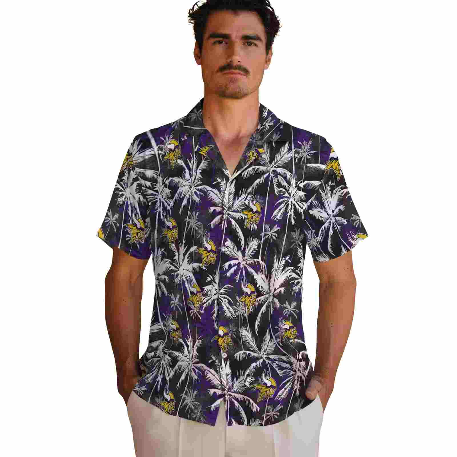 minnesota vikings palm pattern purple black hawaiian shirt fashion forward