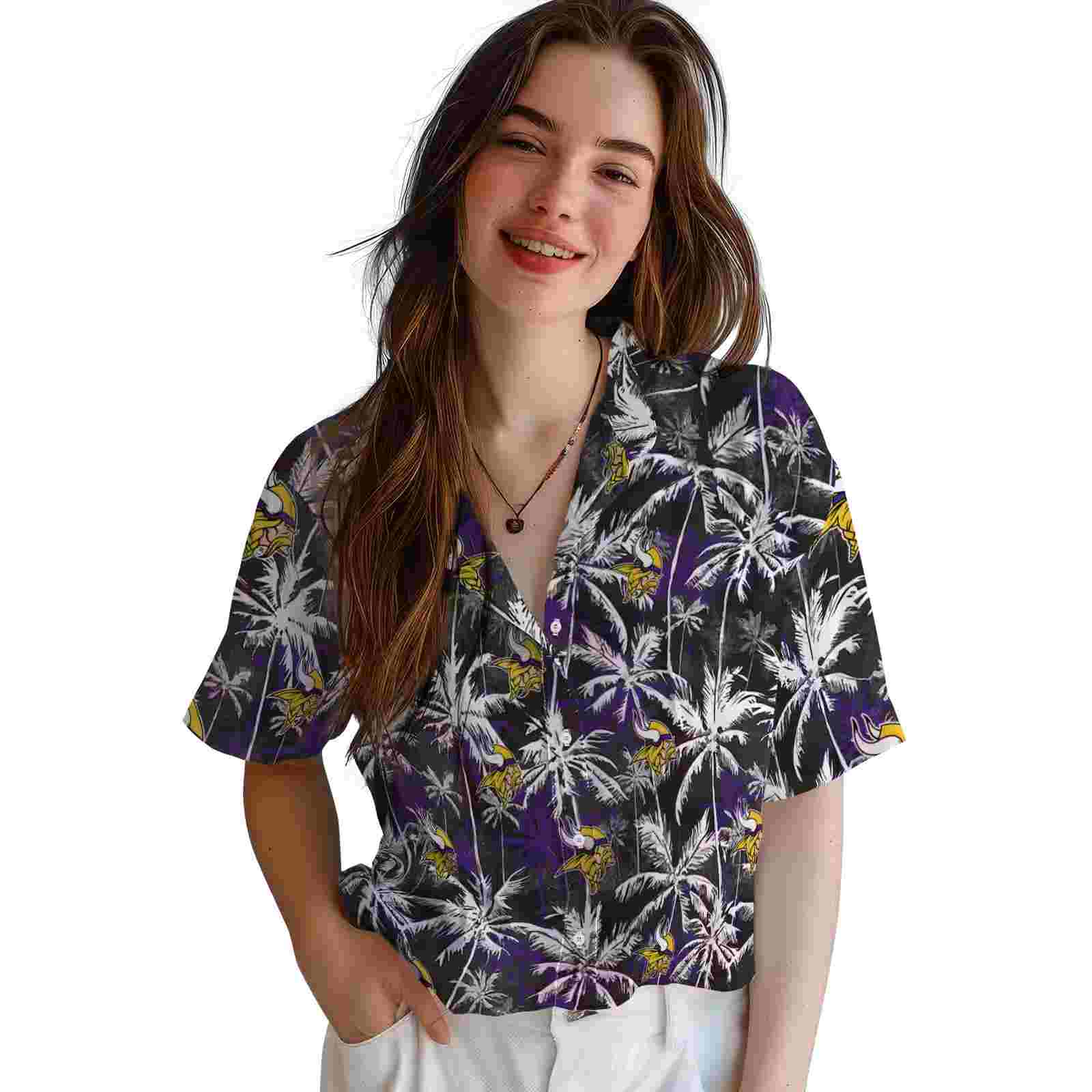 minnesota vikings palm pattern purple black hawaiian shirt latest model