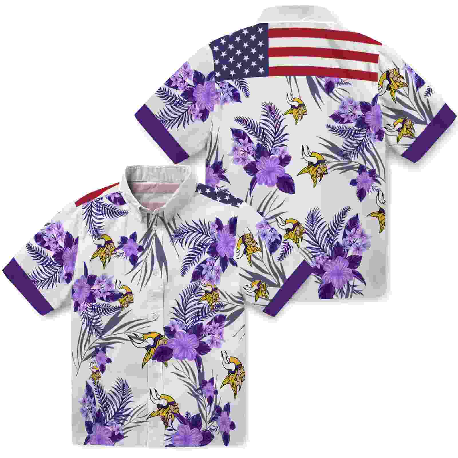 minnesota vikings patriotic hibiscus design purple white hawaiian shirt high quality