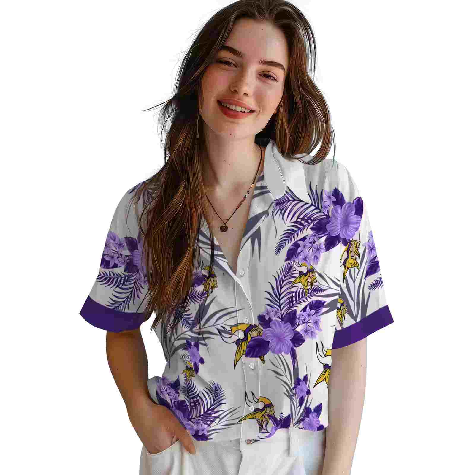 minnesota vikings patriotic hibiscus design purple white hawaiian shirt latest model