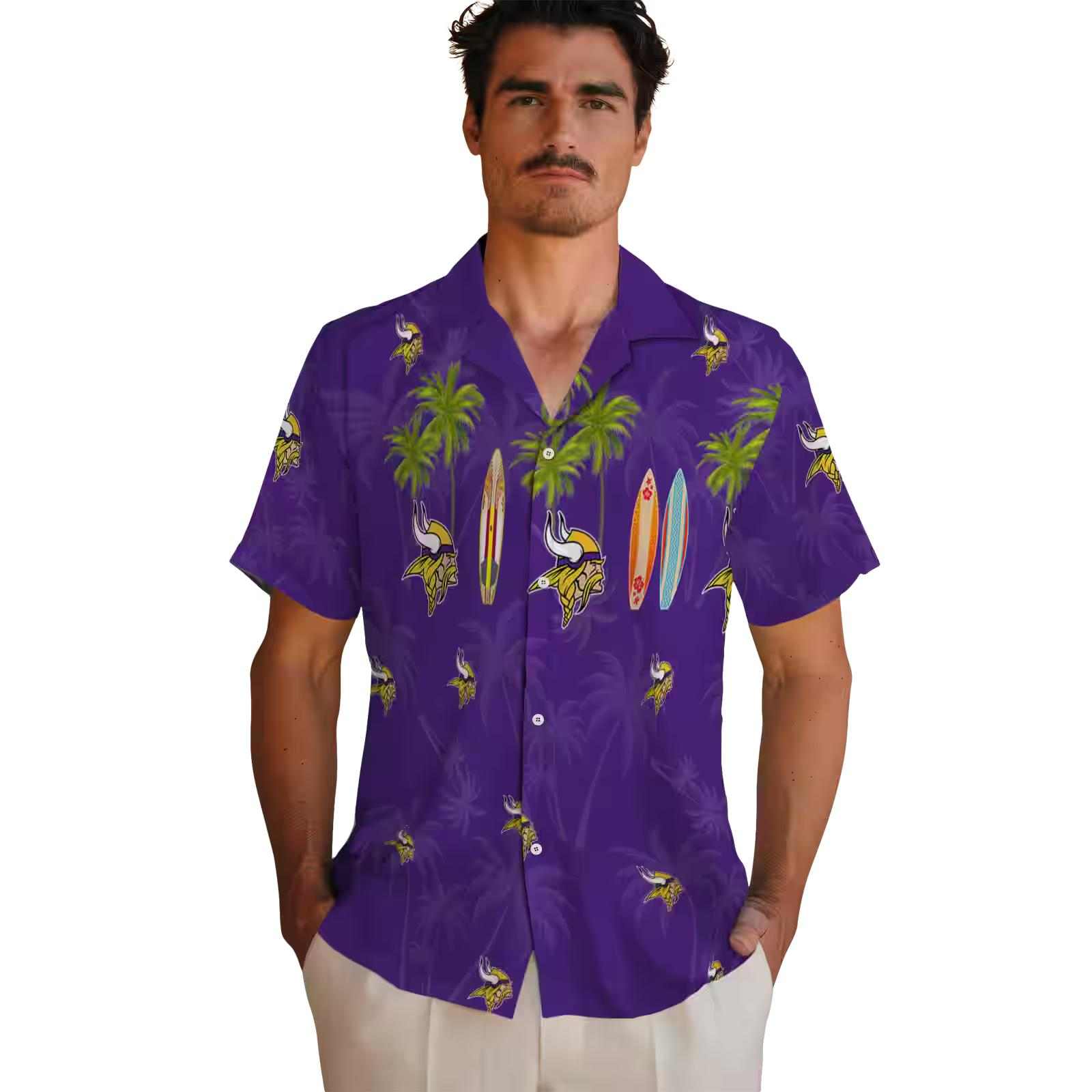 minnesota vikings surfboard palm purple hawaiian shirt fashion forward