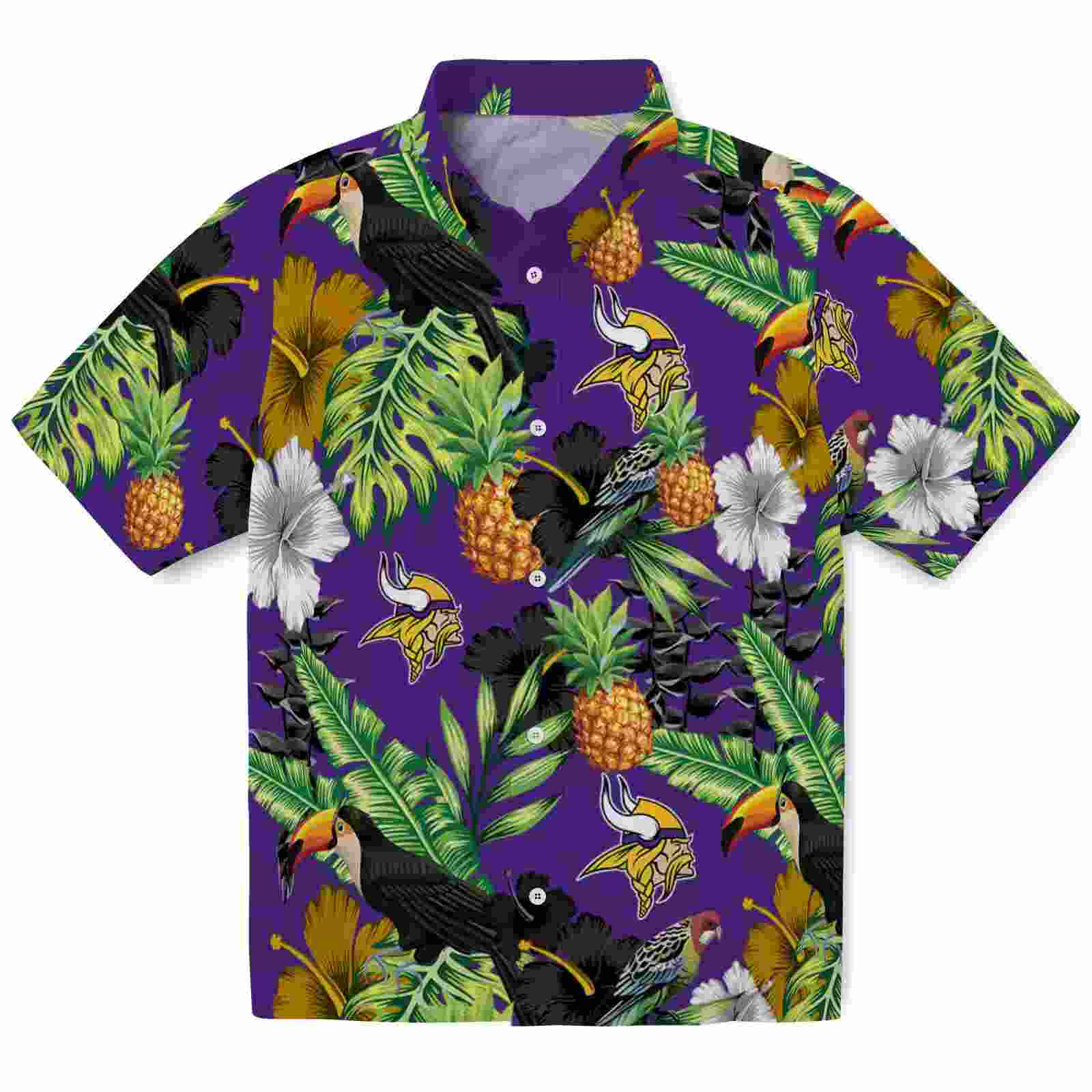 Minnesota Vikings Toucan Hibiscus Pineapple Purple Green Hawaiian Shirt