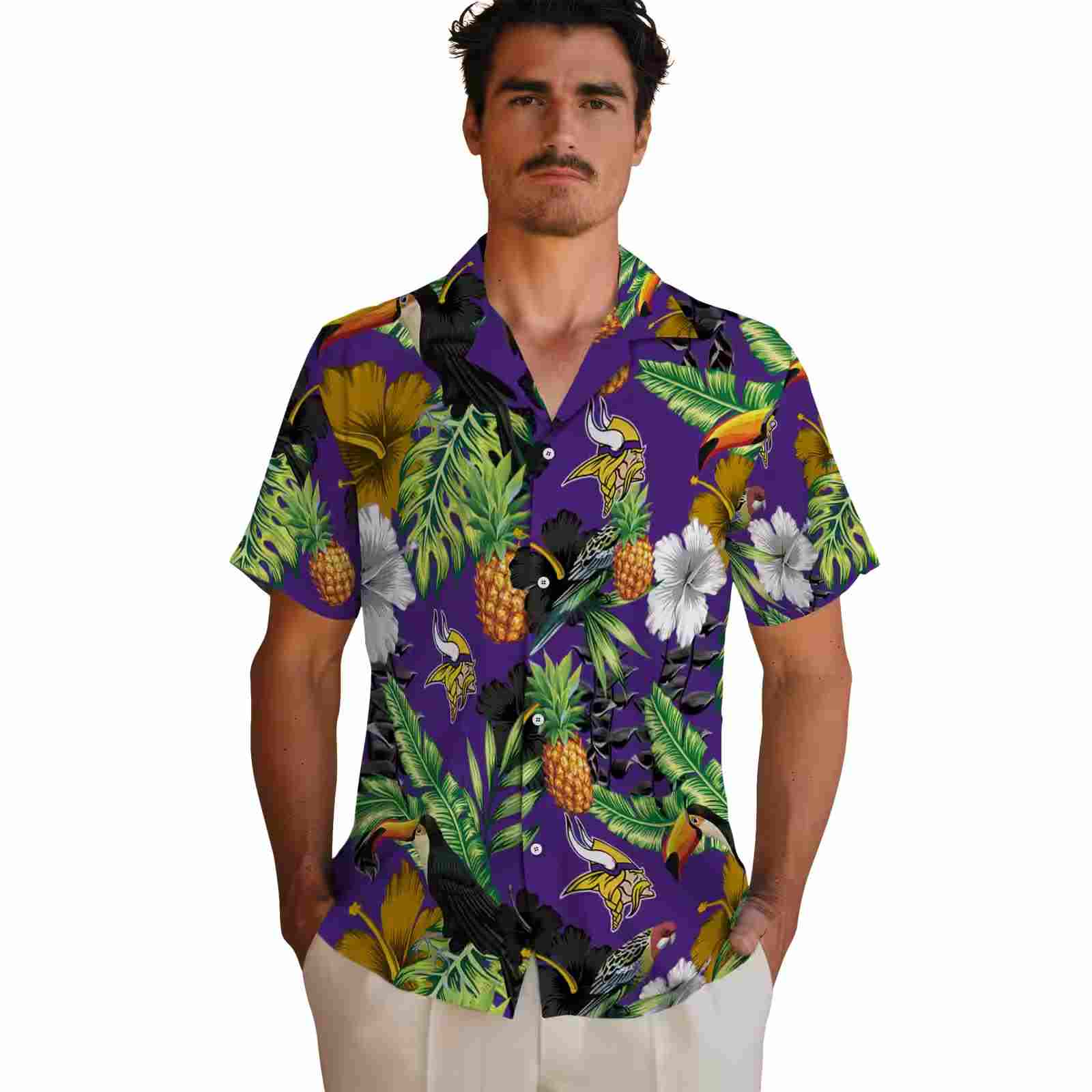 minnesota vikings toucan hibiscus pineapple purple green hawaiian shirt fashion forward