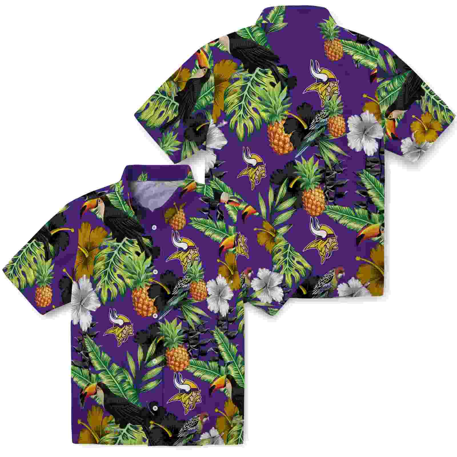 minnesota vikings toucan hibiscus pineapple purple green hawaiian shirt high quality