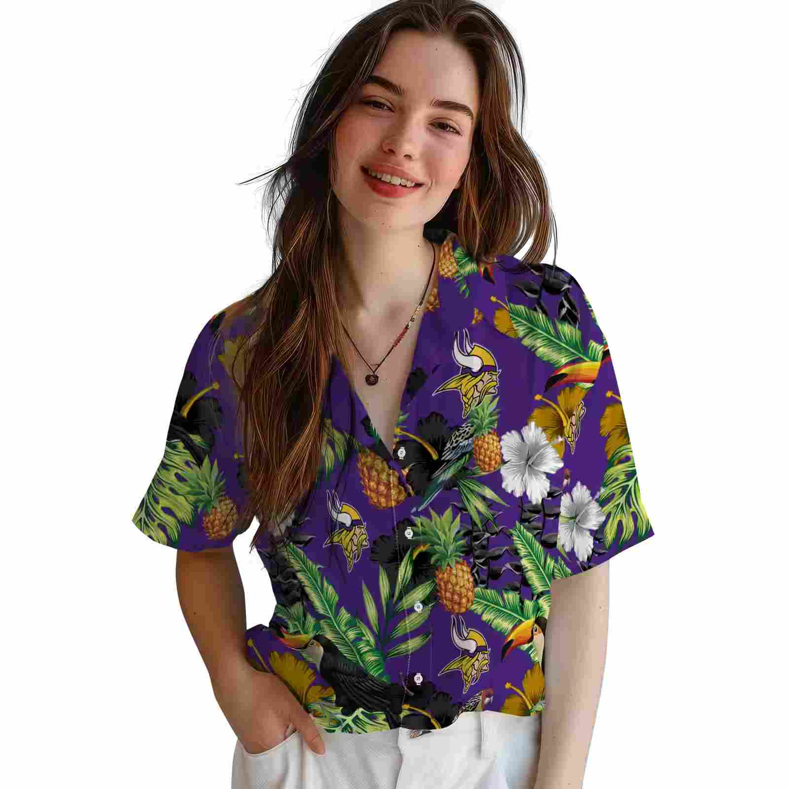 minnesota vikings toucan hibiscus pineapple purple green hawaiian shirt latest model