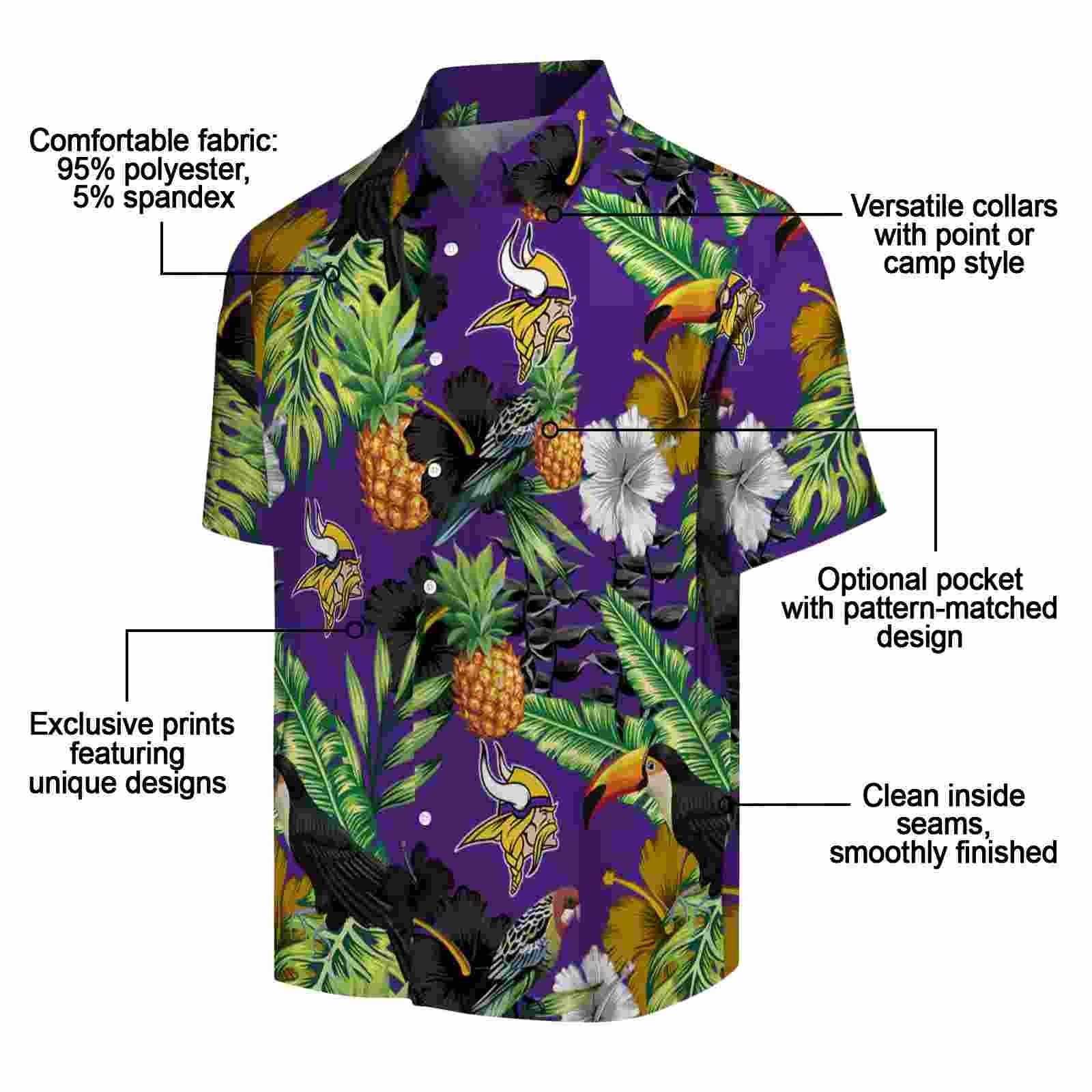 minnesota vikings toucan hibiscus pineapple purple green hawaiian shirt new arrival