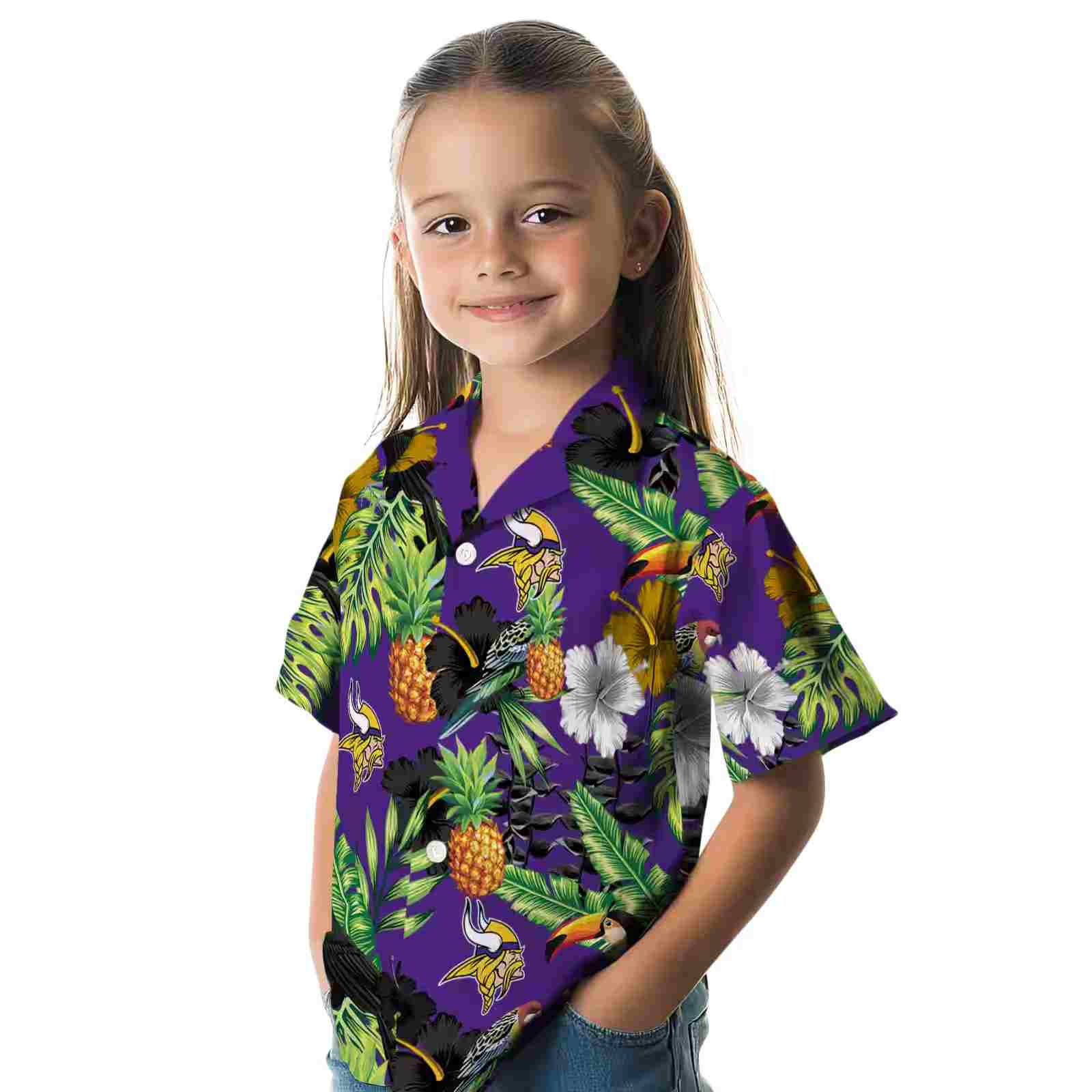 minnesota vikings toucan hibiscus pineapple purple green hawaiian shirt premium grade