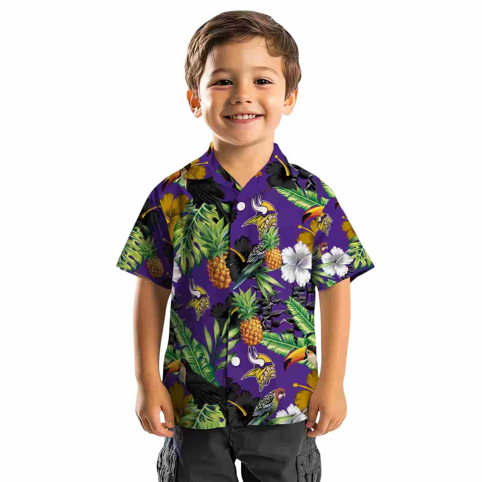 minnesota vikings toucan hibiscus pineapple purple green hawaiian shirt top rated